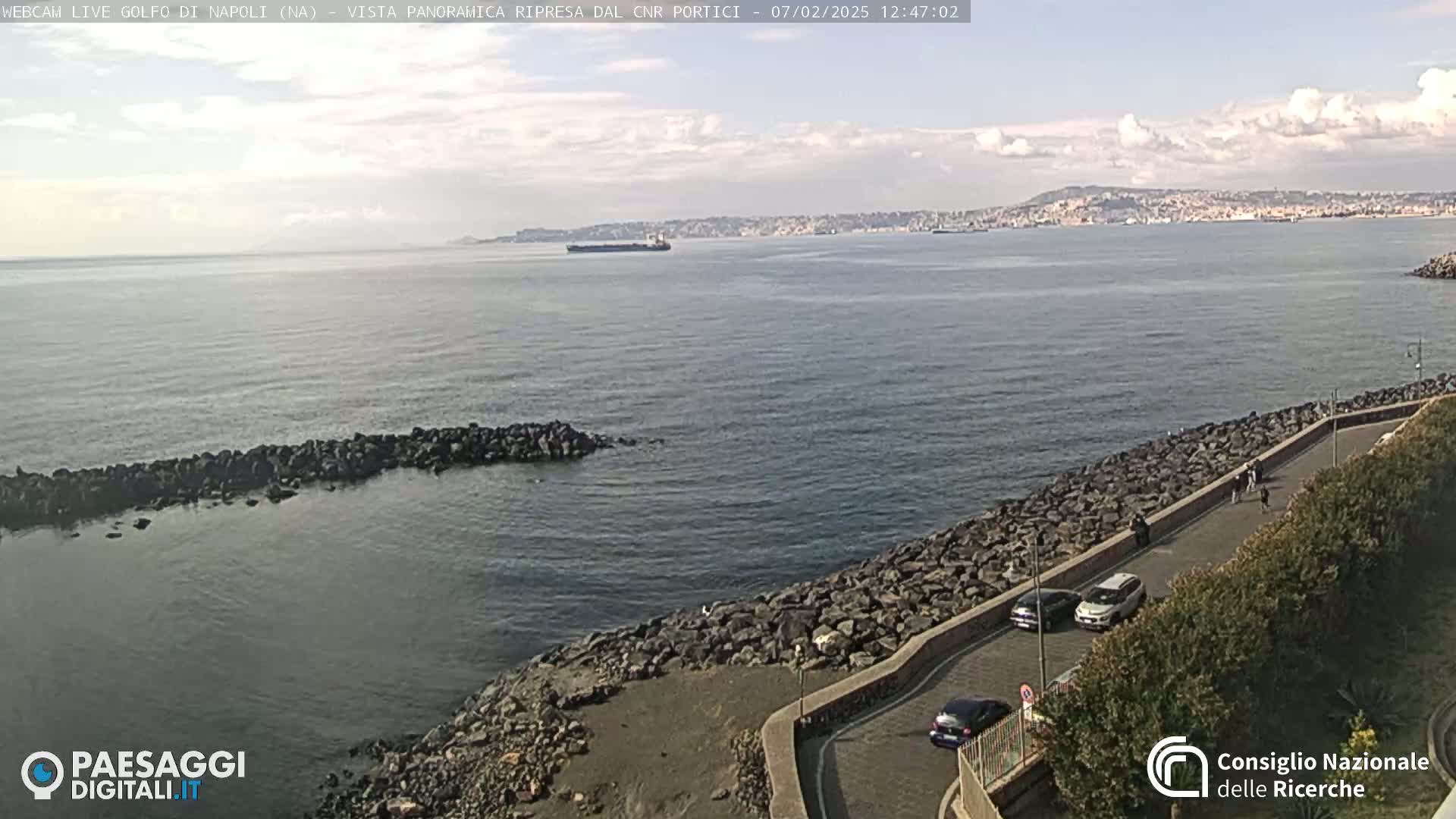 A partly cloudy day shows a coastal view of a calm sea with a distant city skyline, a rocky shoreline with a paved road and parked cars, and a breakwater.