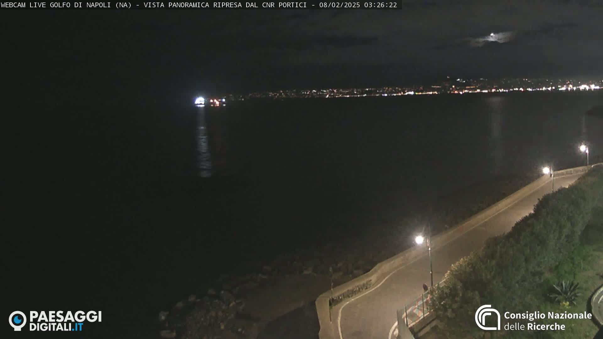 A nighttime, panoramic view of a dark body of water with a city skyline faintly lit in the distance, a roadway curving along a shoreline with vegetation to the right, and a few lights visible along the road.