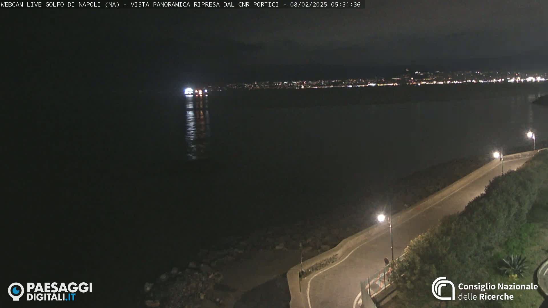 A nighttime, panoramic view of a calm body of water with a city skyline faintly lit in the distance, a roadway curving along the water's edge, and some vegetation visible near the road.