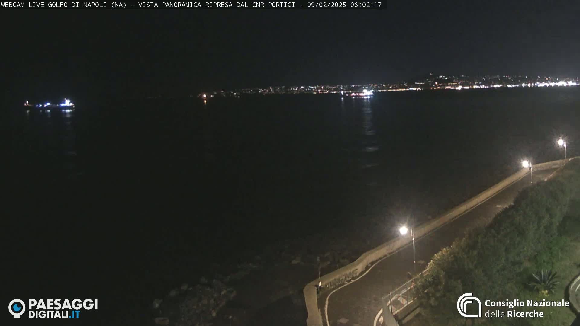 A dark nighttime view of a calm body of water with a city's lights visible in the distance and a paved path with lights along a shoreline.