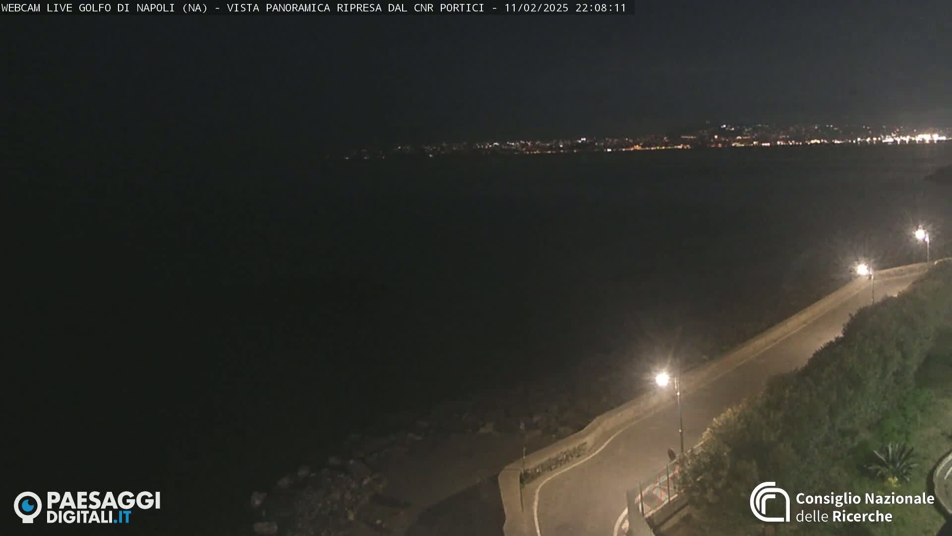 A nighttime view of a dark body of water with a distant city skyline illuminated by lights, and a paved road curving along the shoreline with streetlights visible.