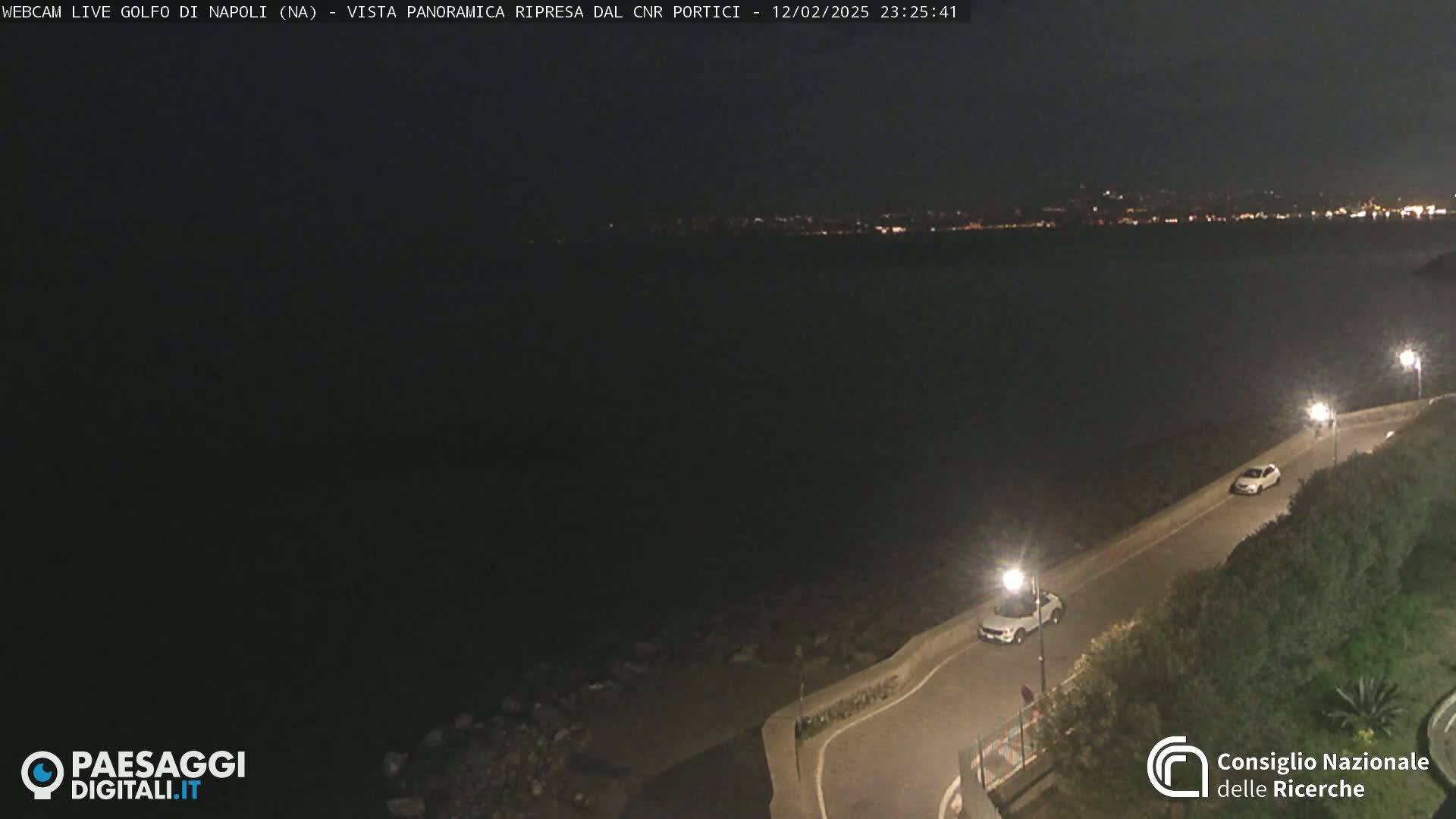 A nighttime, panoramic view shows a dark body of water with a city's lights in the distance, and a road with a few cars parked along a seawall next to dark vegetation.