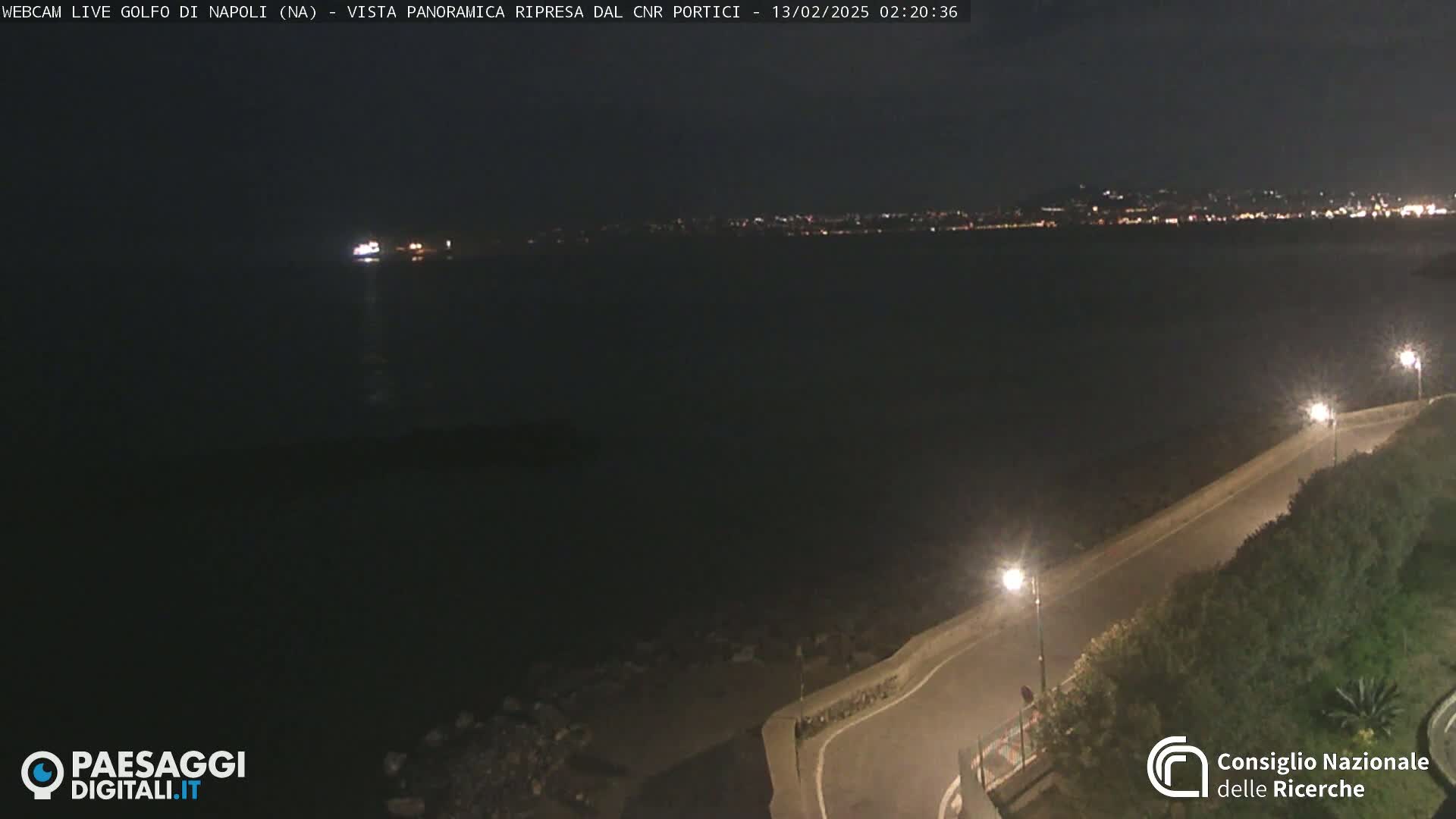A nighttime, panoramic view of a calm body of water with a city skyline faintly visible in the distance, illuminated by lights along a curved road beside the water.