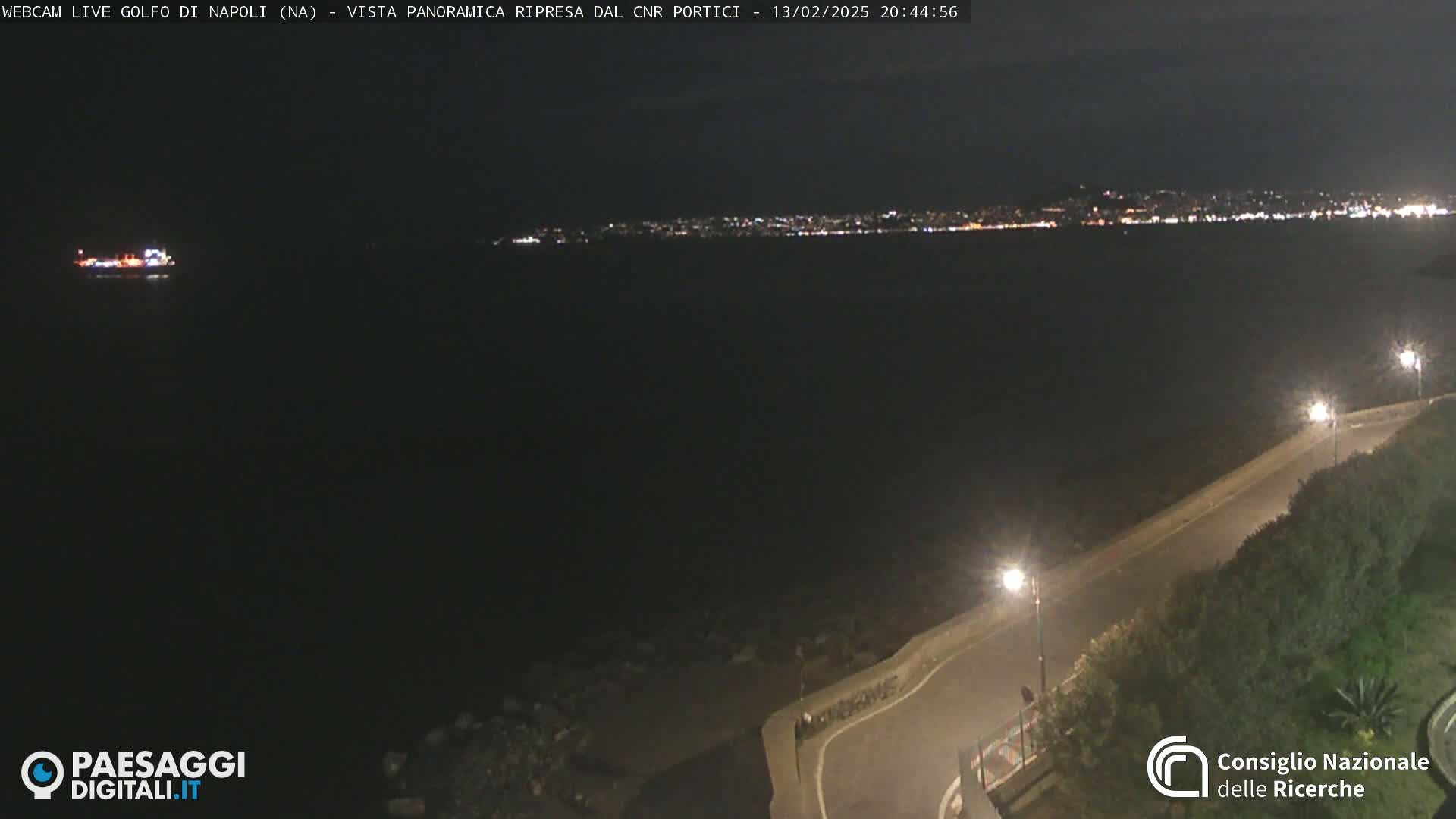 A nighttime, long shot of a dark body of water with a city skyline faintly visible in the distance, illuminated by lights, and a curved road next to the water.