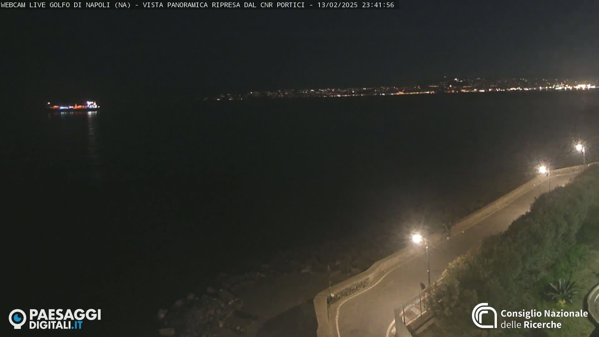 A nighttime view of a dark body of water with a city's lights visible in the distance, a road and some vegetation along the water's edge, and a ship in the water near the foreground.