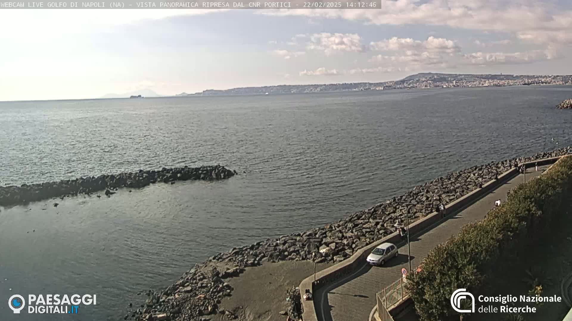 A partly cloudy day reveals a calm body of water with a rocky shoreline and a distant cityscape under a partly cloudy sky.