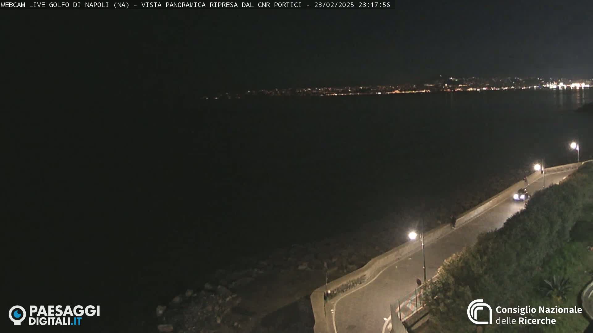 A nighttime coastal scene shows a dark body of water with a distant city skyline illuminated, a road with a car and streetlights alongside a rocky shoreline.