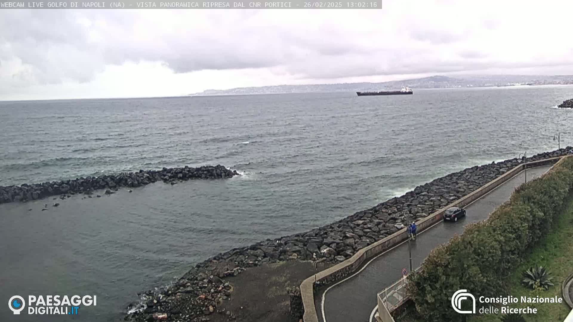 A rocky coastline curves gently around a calm, gray sea under an overcast sky; a large cargo ship is visible in the distance.