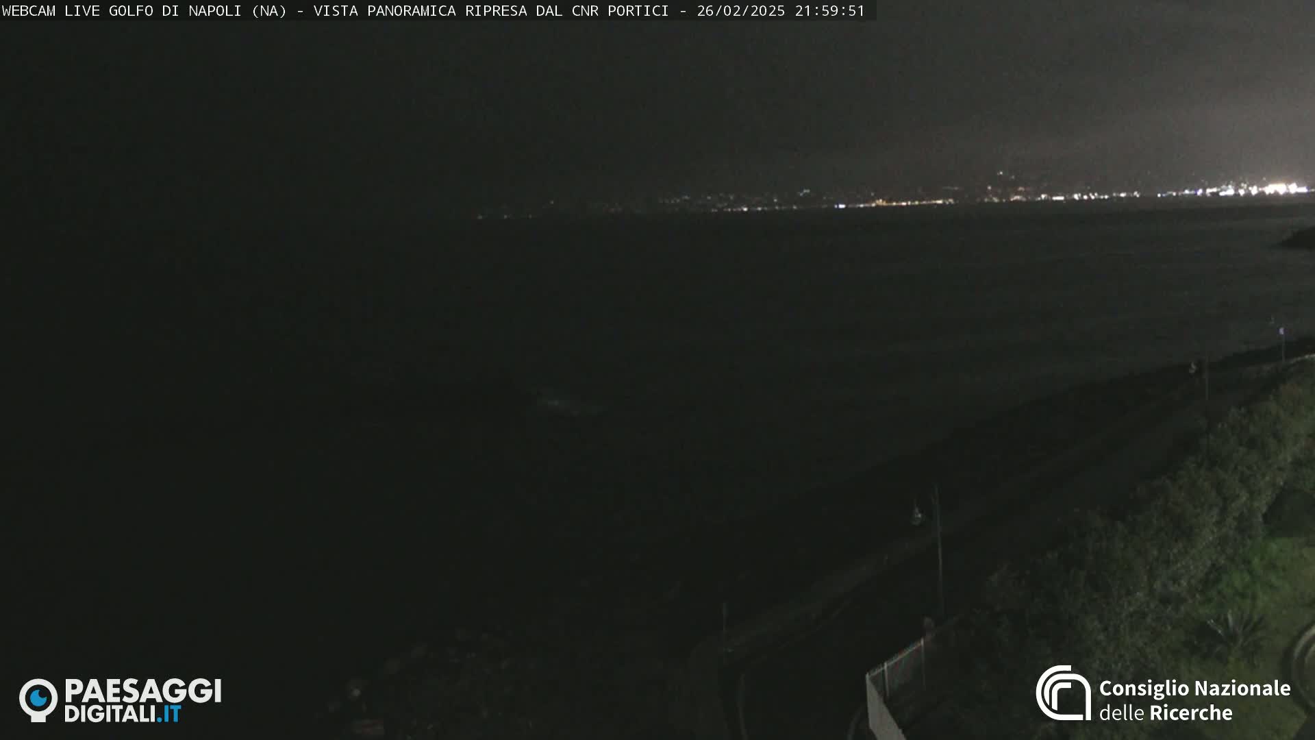 A nighttime, panoramic view of a dark body of water with a dimly lit cityscape on the horizon.