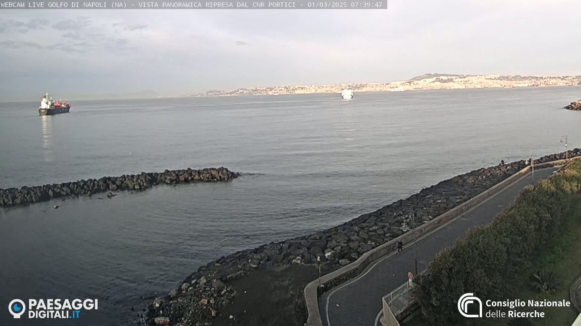 A calm, overcast day shows a harbor with two ships, a rocky shoreline, and a road curving along the coast with a city in the distance.