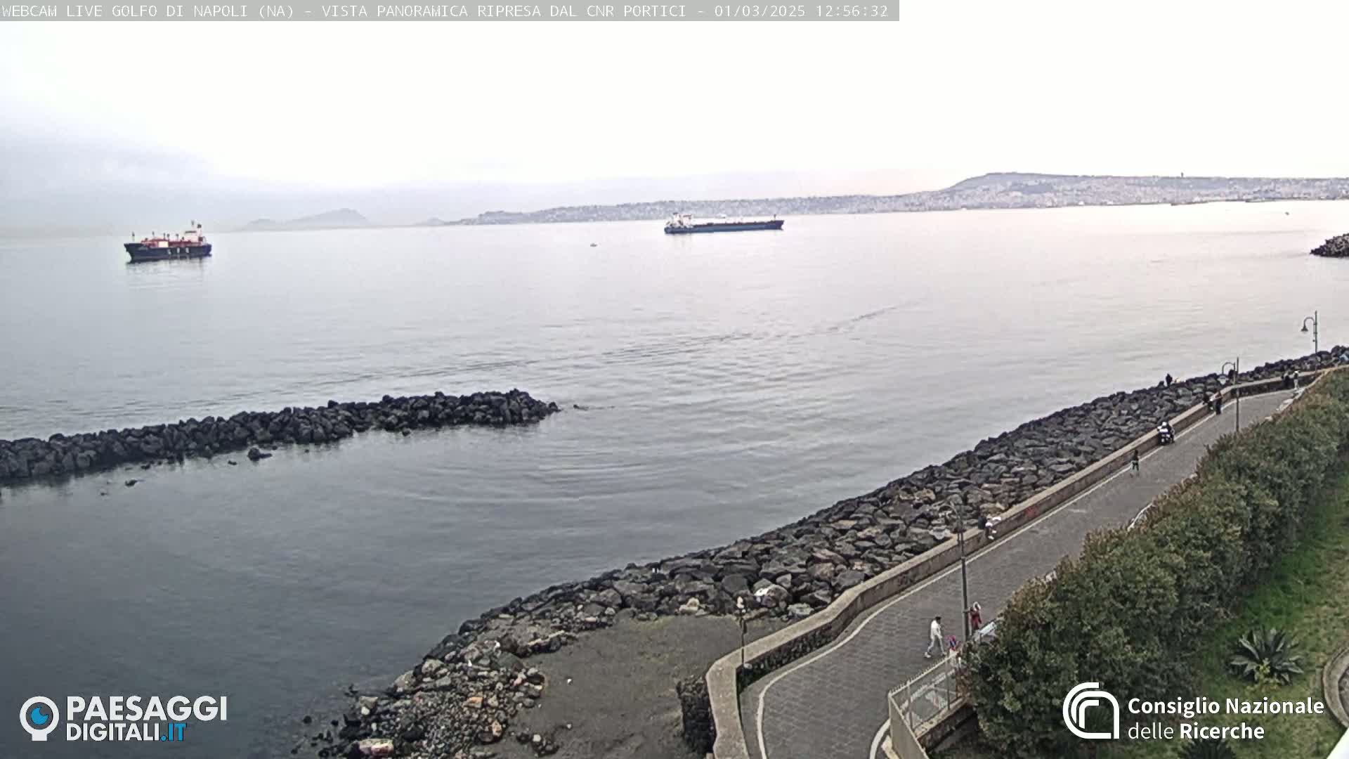 A calm, overcast day shows a coastal road beside a rocky shoreline with a few people walking, and several ships in the distance on a body of water.