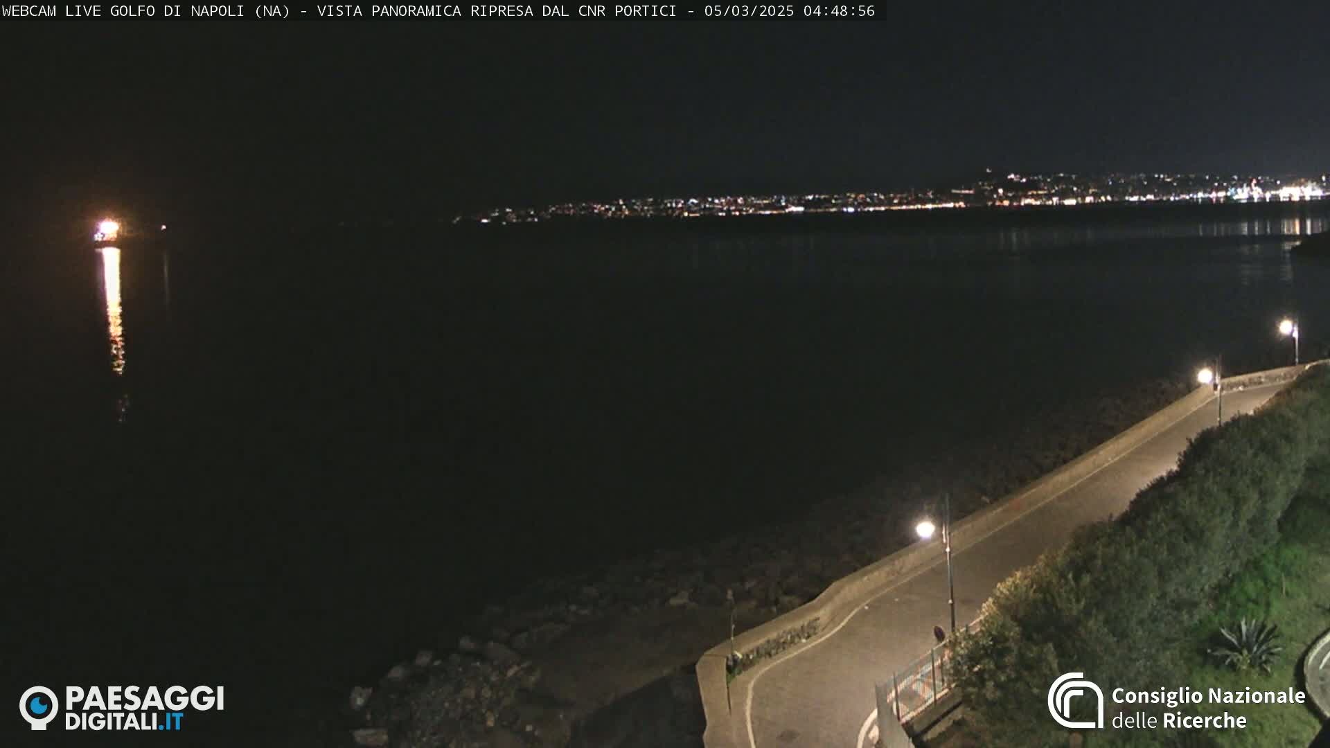 A nighttime, high-angle view shows a dark body of water reflecting a distant city's lights, a paved road curving along the water's edge, and a few illuminated streetlights.