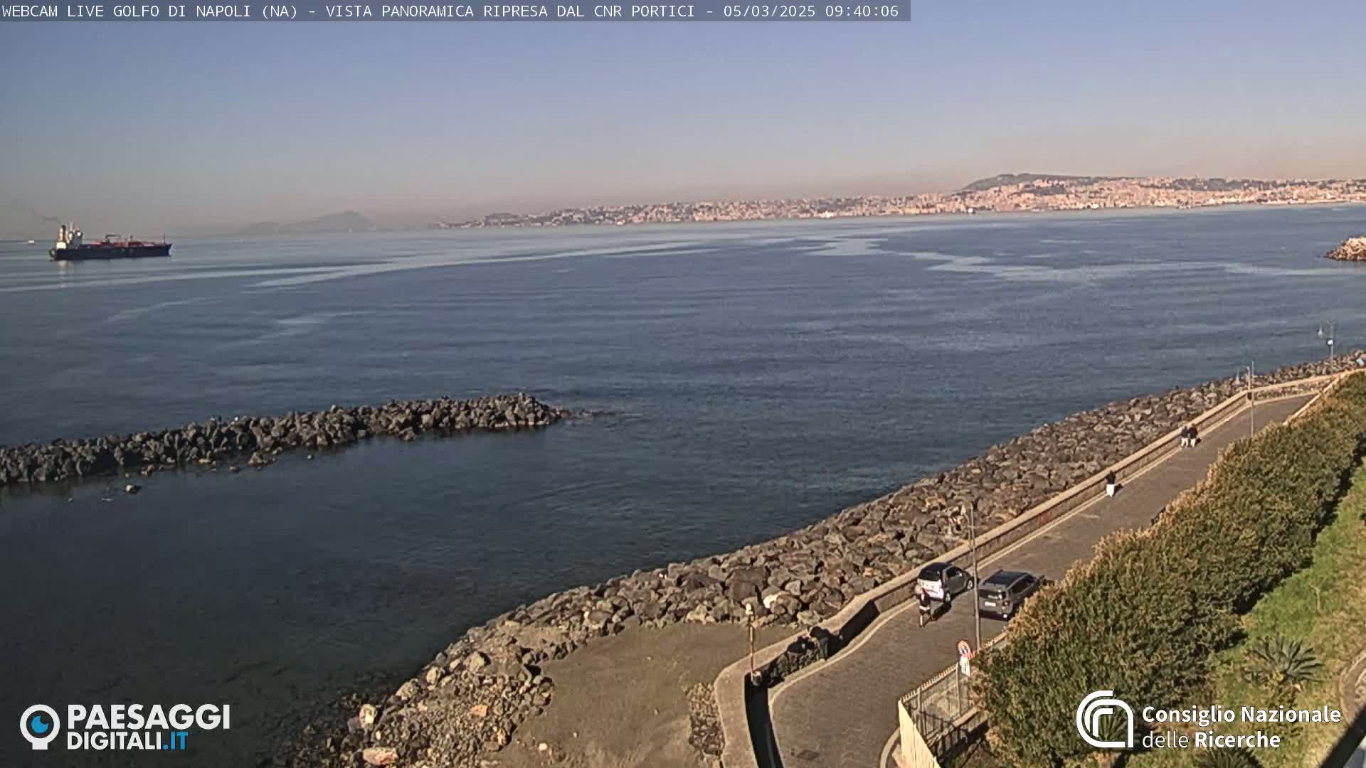 A large body of water with a distant cityscape under a clear, sunny sky is viewed from a rocky shoreline with a paved road and sparse pedestrian traffic.