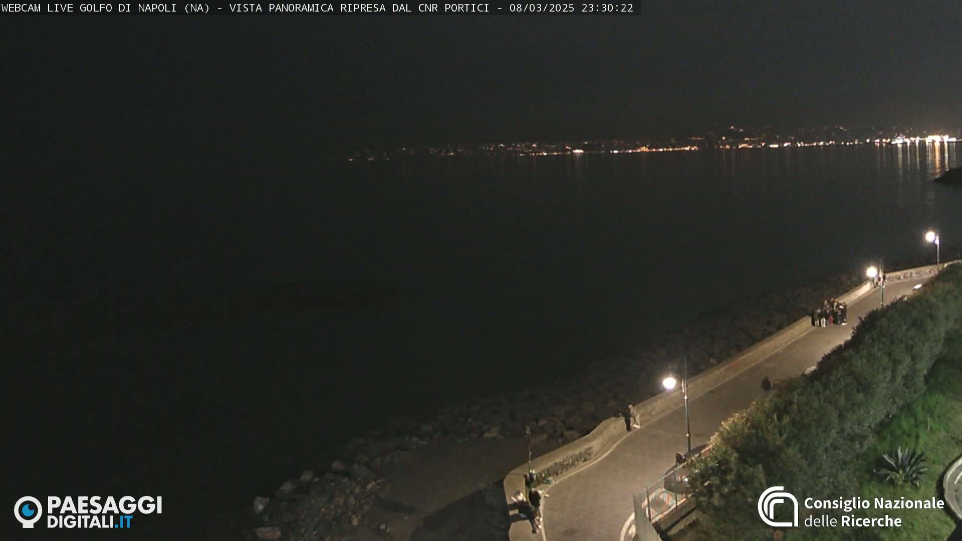 A nighttime coastal scene shows a dark body of water reflecting city lights on the horizon, a paved walkway with a few people, and some vegetation along the shoreline.