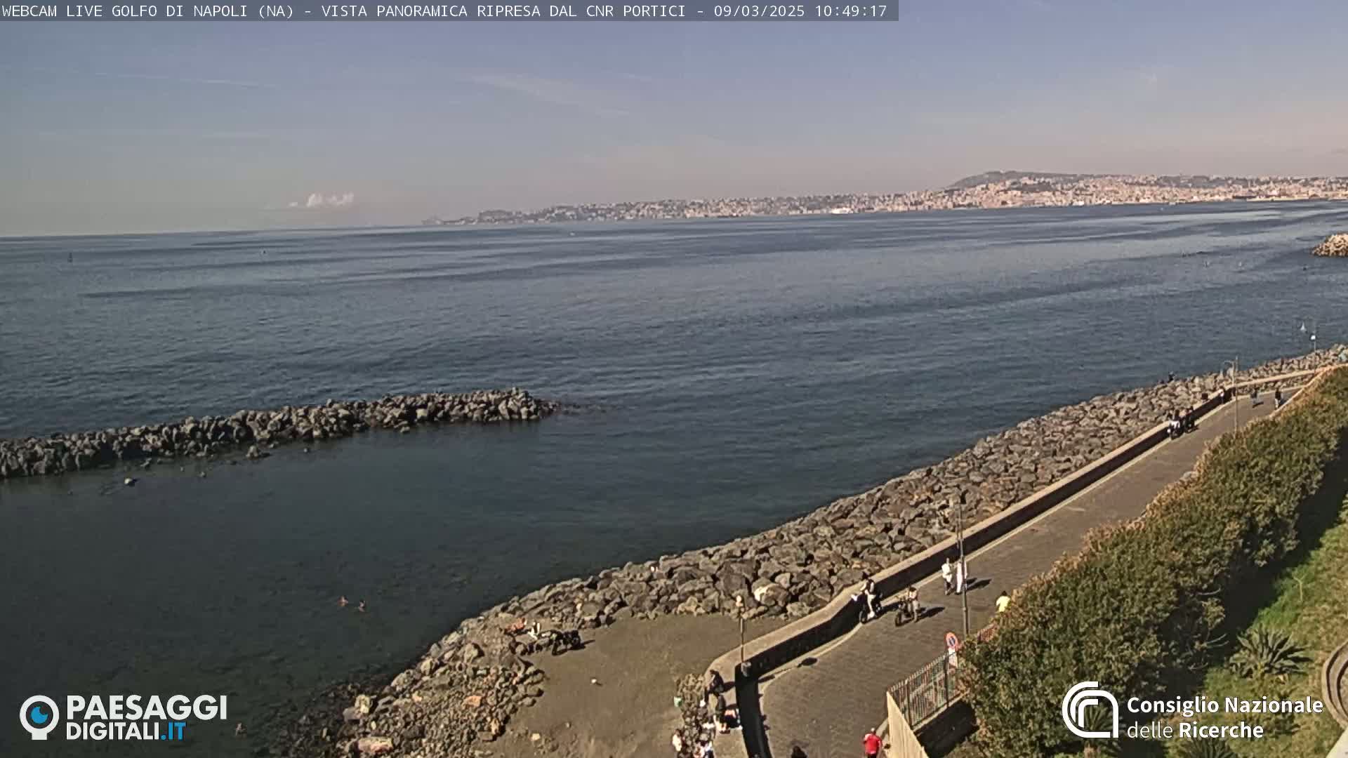 A rocky shoreline with a paved walkway and people walking, overlooks a calm, blue body of water with a distant cityscape under a clear sky.