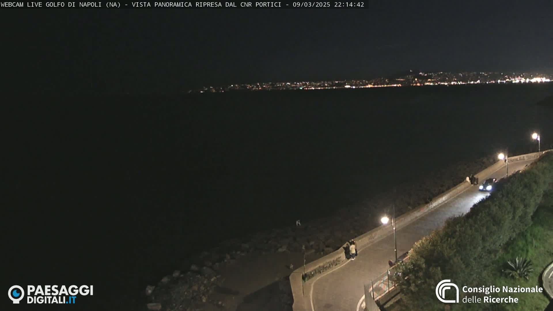A nighttime coastal scene shows a dark body of water with a distant city skyline illuminated by lights, a paved road curving along a rocky shoreline with a few people and a car visible under artificial light.