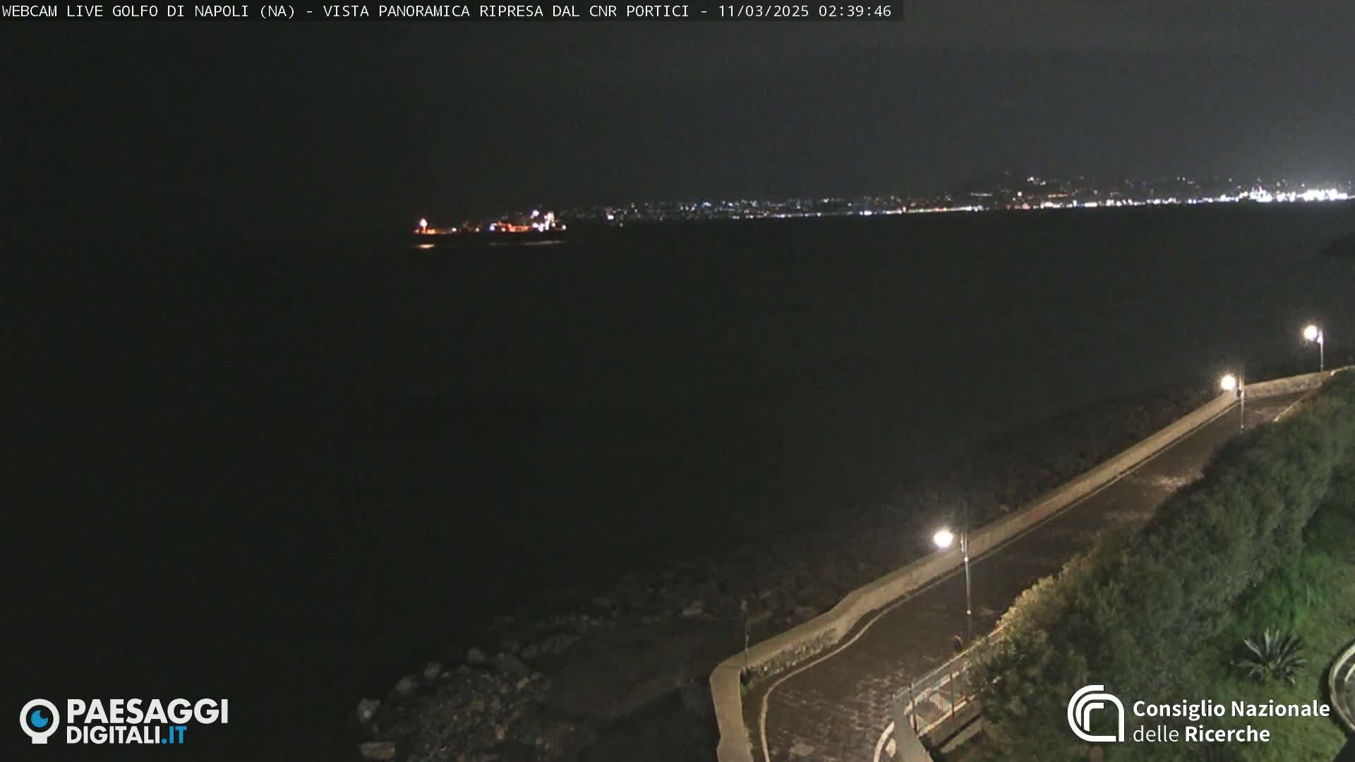 A nighttime, panoramic view of a dark body of water with a city skyline faintly visible in the distance, illuminated by lights along a coastal roadway.