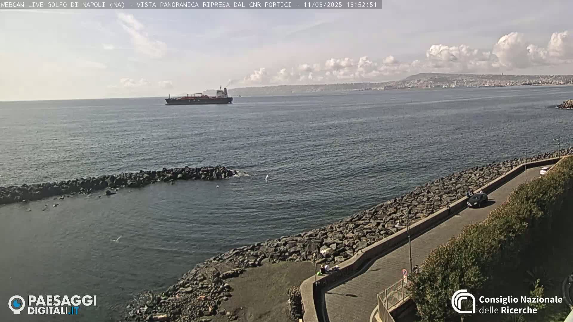A partly cloudy day shows a large cargo ship on a calm sea near a rocky shoreline with a paved road and sparse vegetation.