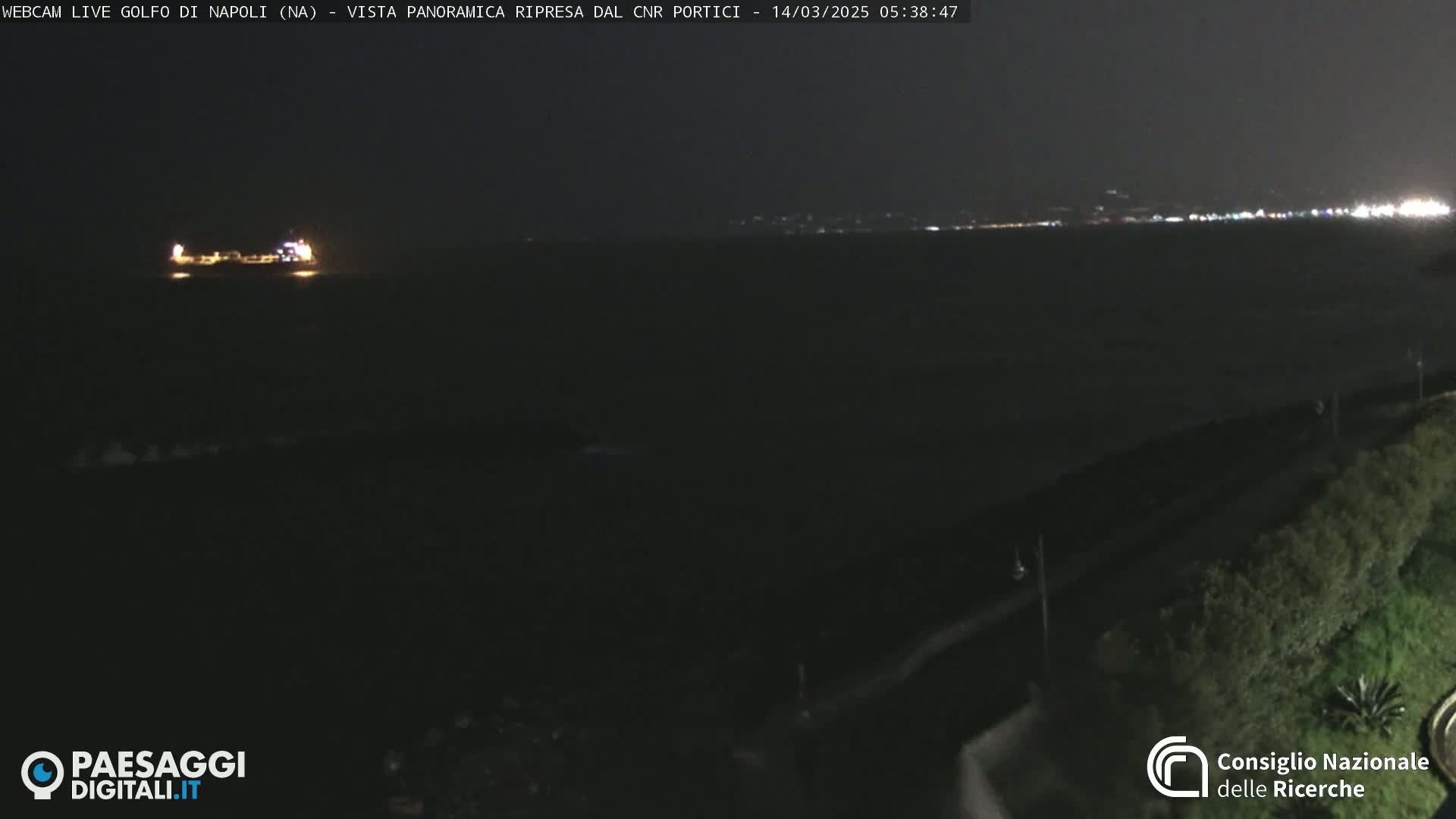 A nighttime, dark view of a calm body of water with a distant ship and a shoreline with some vegetation.