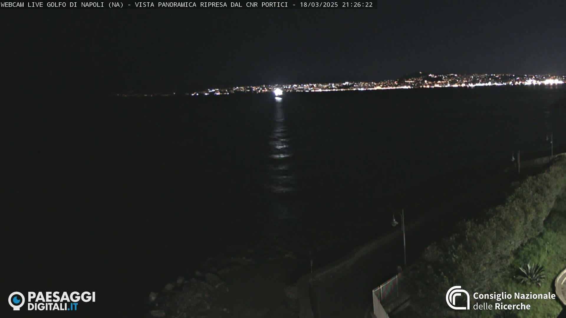 A nighttime, panoramic view of a city's lights across a dark body of water.