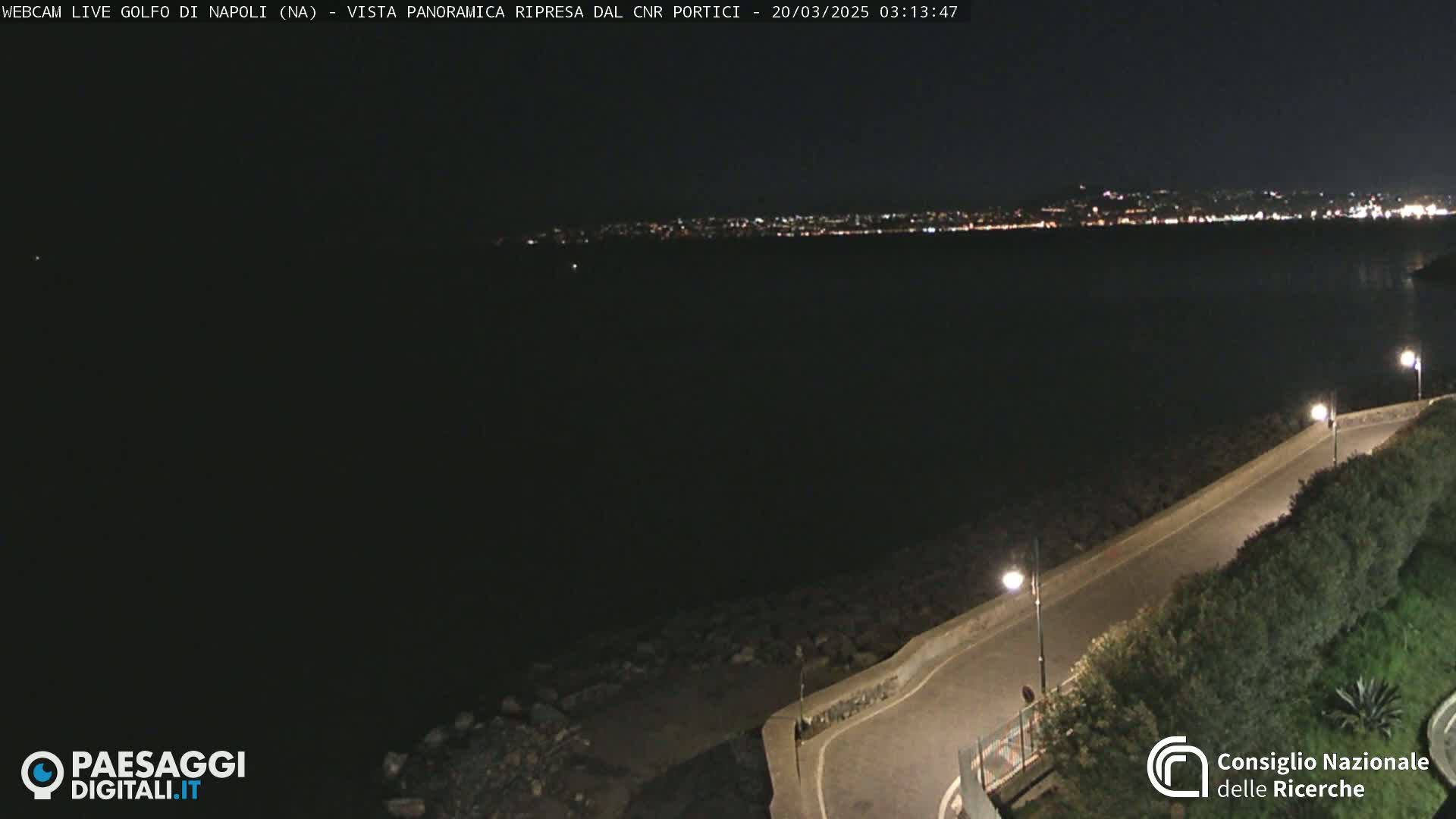 A nighttime, coastal road curves alongside a dark body of water, with a distant city skyline faintly illuminated.