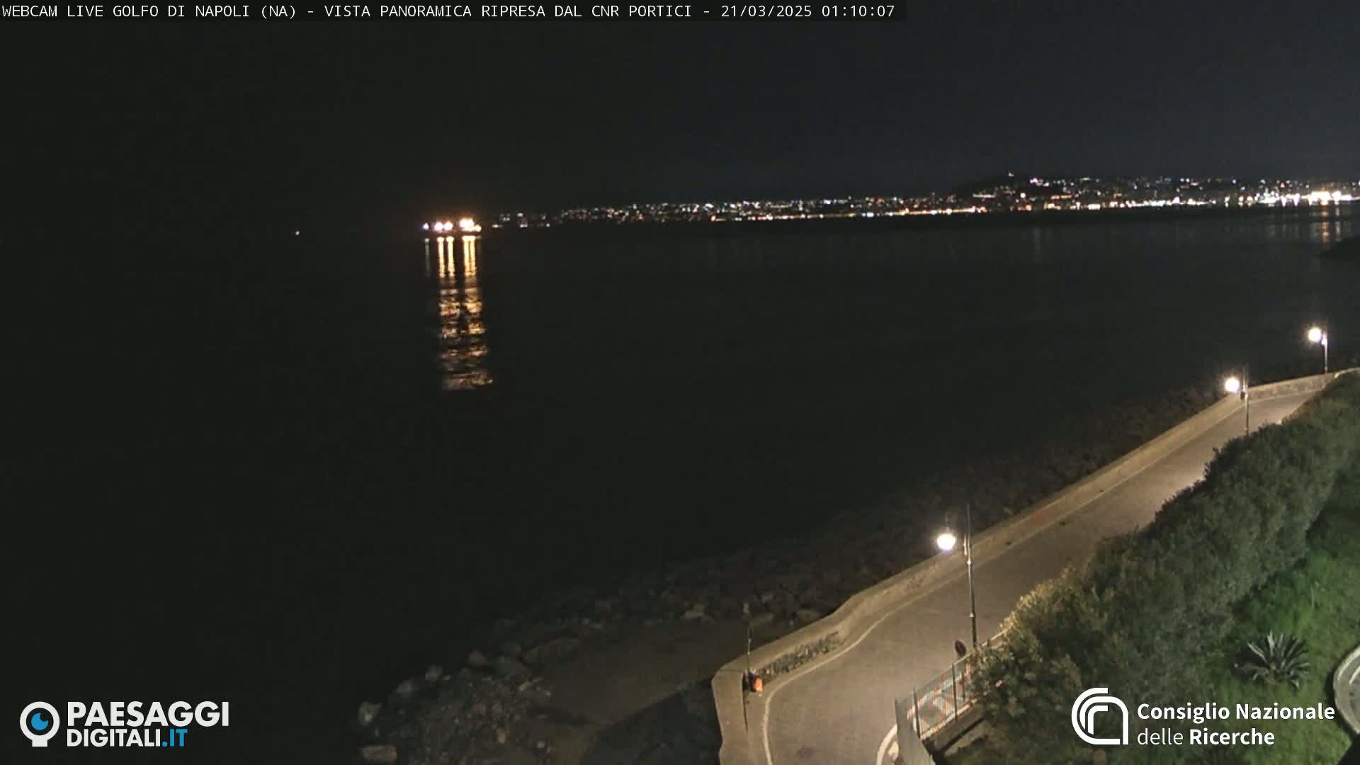 A nighttime, panoramic view shows a dark body of water reflecting the lights of a distant city, with a paved road curving along a shoreline.