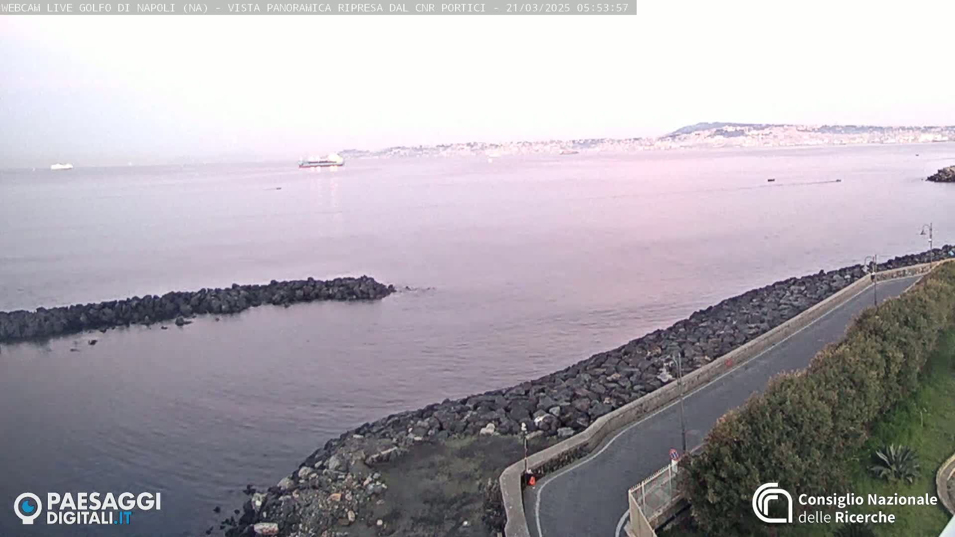 A calm, hazy body of water stretches to a distant city skyline under a pale, dawn sky, bordered by a rocky shoreline with a curved road and vegetation.