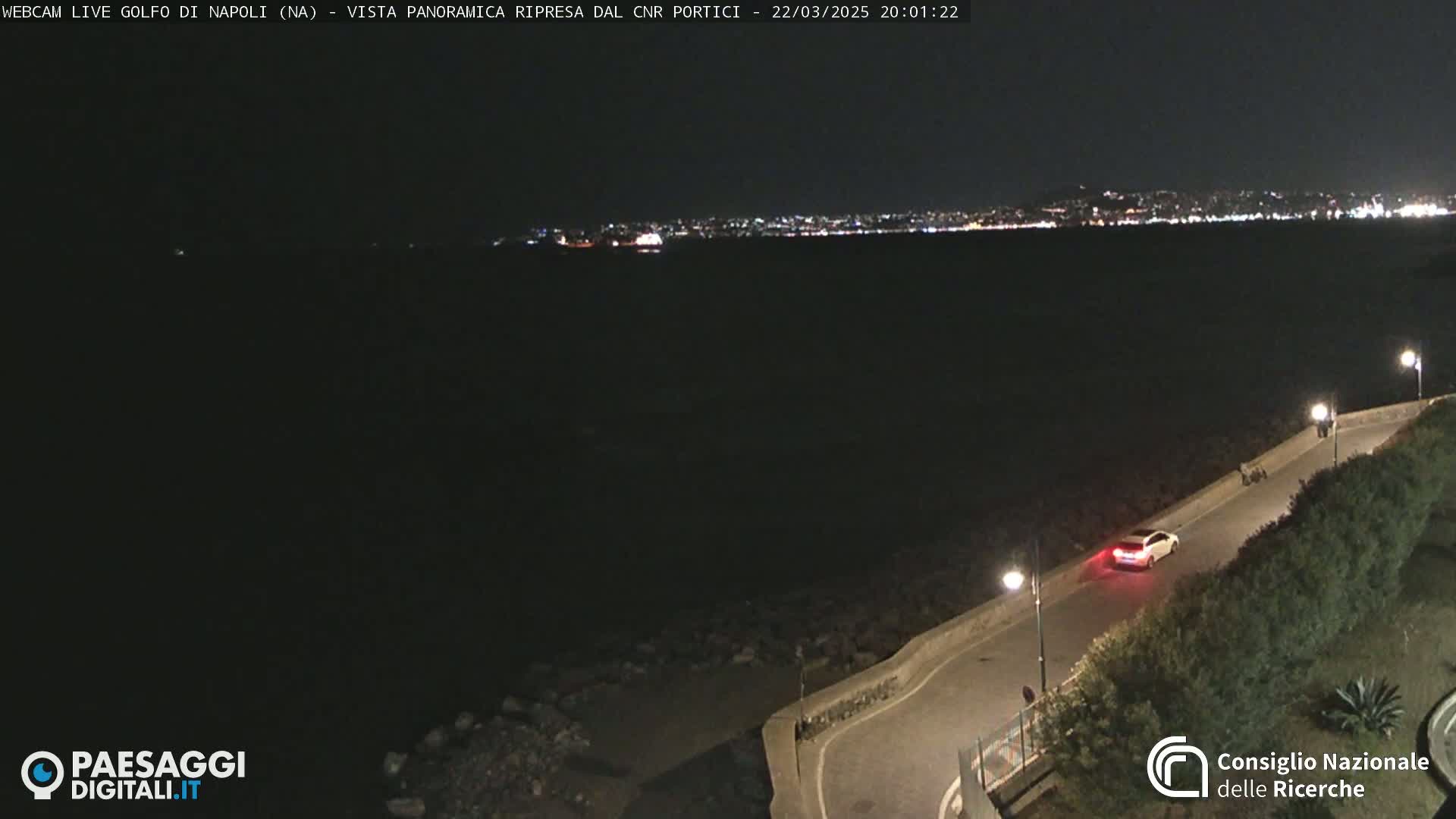 A nighttime view shows a dark body of water with a distant city skyline illuminated by lights, a road curving along the water's edge with a lone car and some pedestrians, and a rocky shoreline.