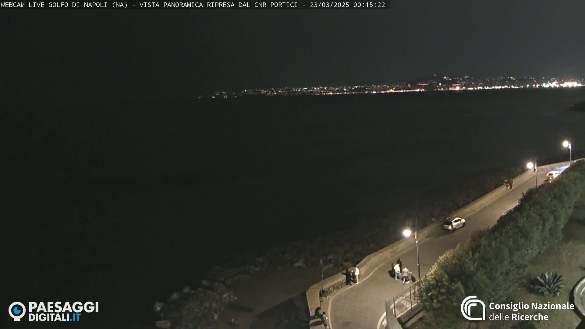 A nighttime, panoramic view of a city skyline across a dark body of water, with a paved road, some cars, and a few people visible on a shoreline.