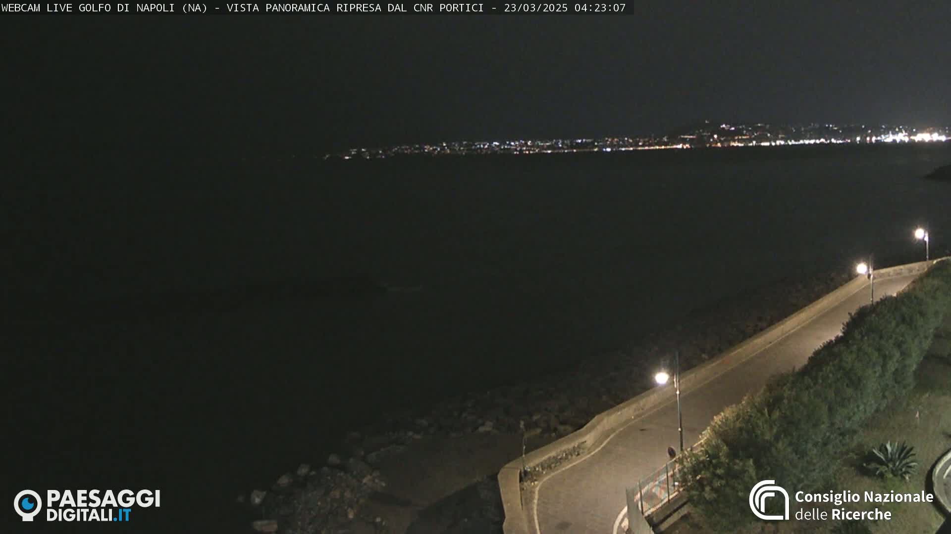 A nighttime, panoramic view of a dark body of water with a city's lights visible in the distance, and a paved road curving along a shoreline with low vegetation.