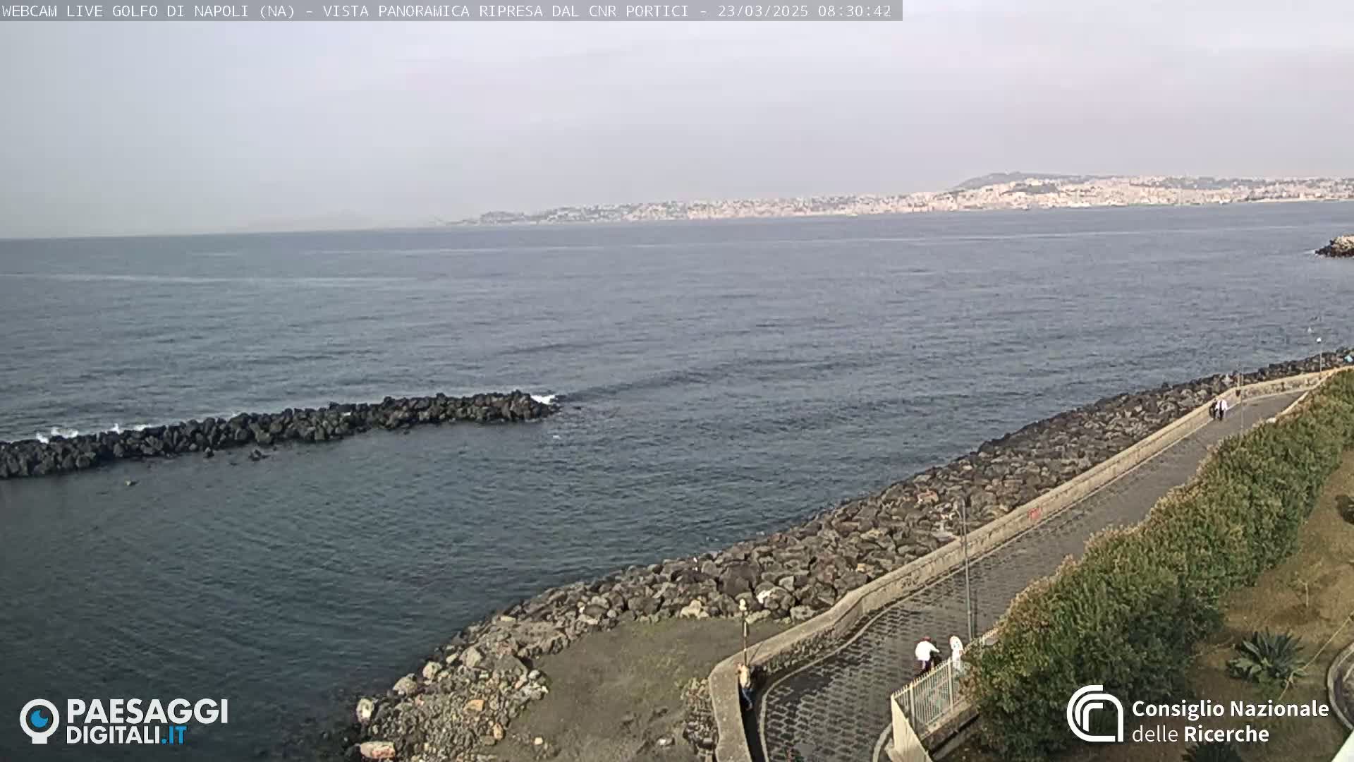 A paved walkway curves along a rocky shoreline overlooking a calm sea and a distant city under an overcast sky.