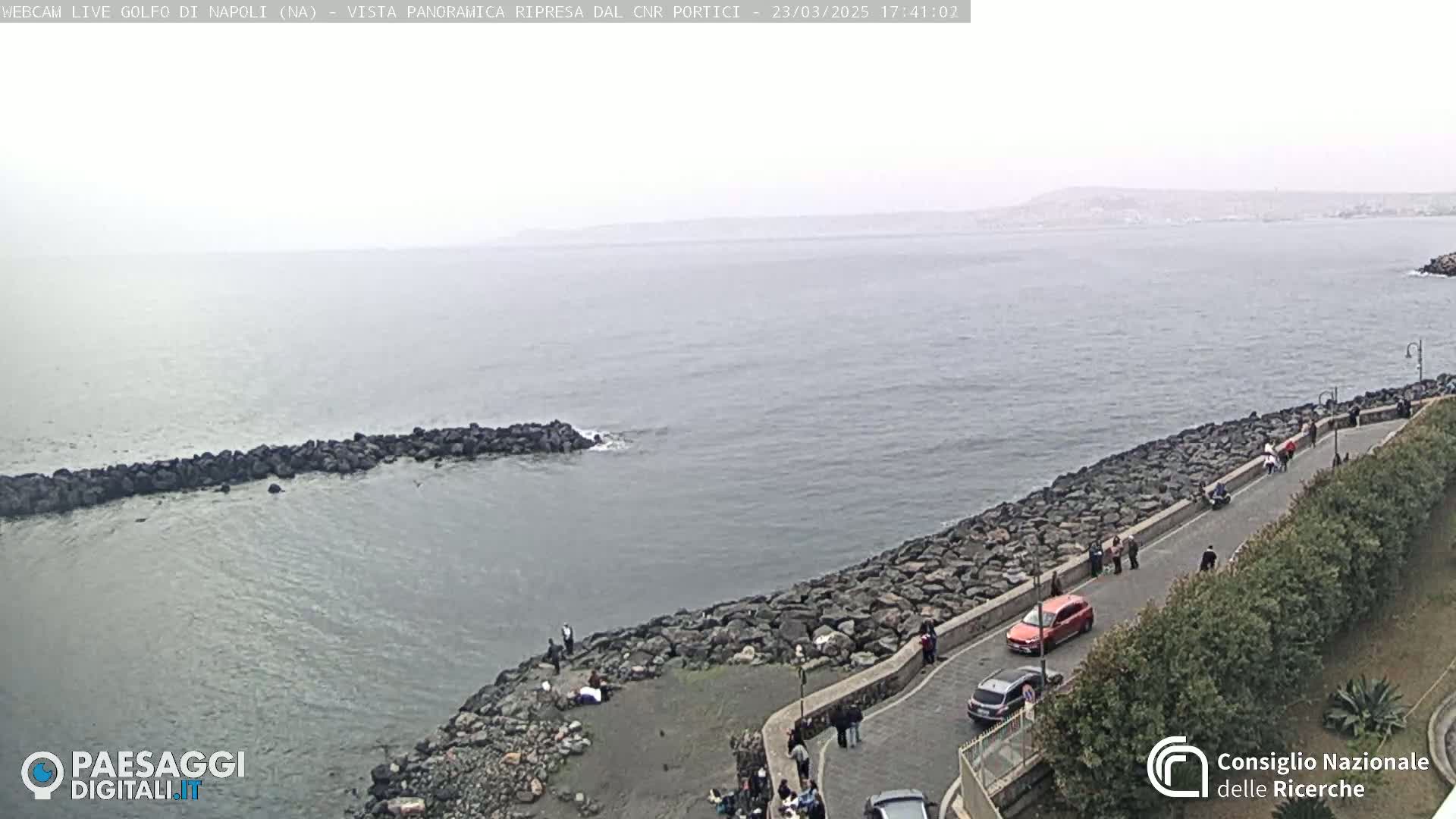 A hazy, overcast day shows a rocky coastline with a paved walkway where several people are strolling, cars are parked, and the sea stretches to a distant shoreline.