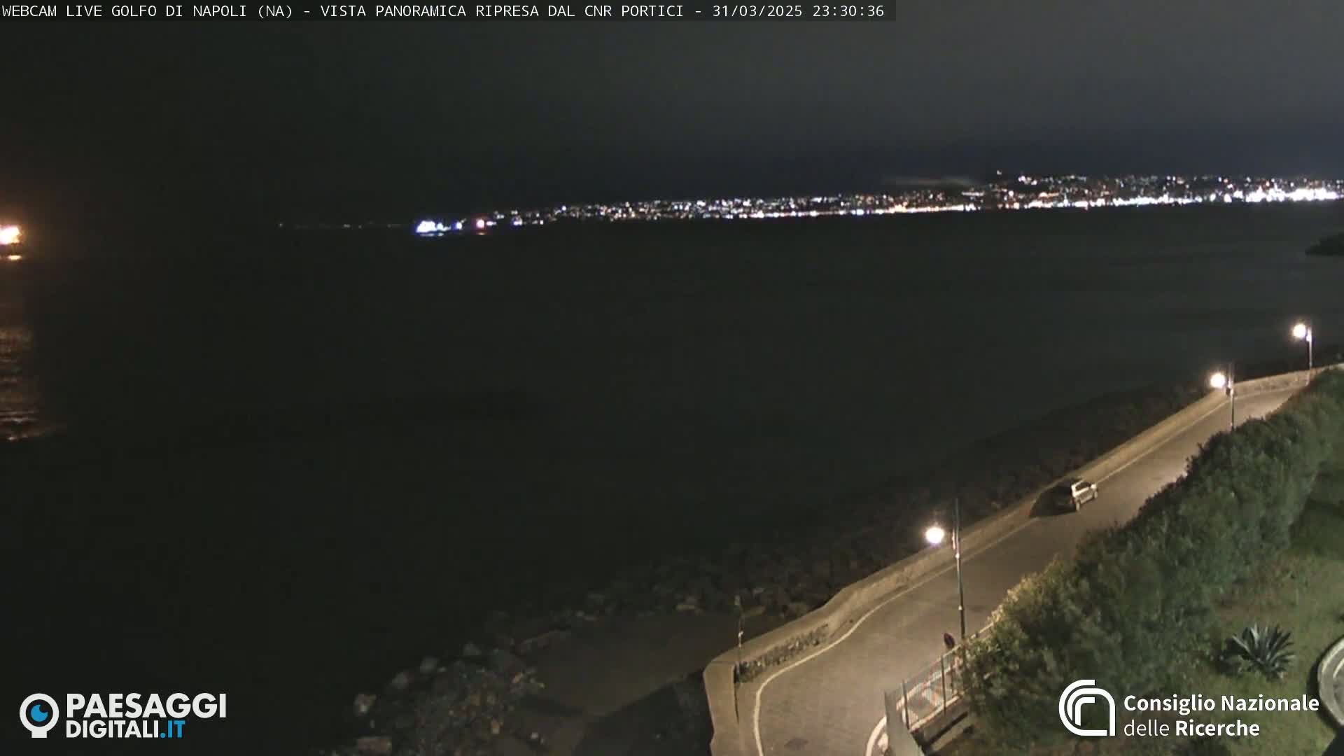 A nighttime, coastal scene shows a dark body of water with a distant city skyline illuminated by lights, a road curving along the water's edge, and a single vehicle on the road.