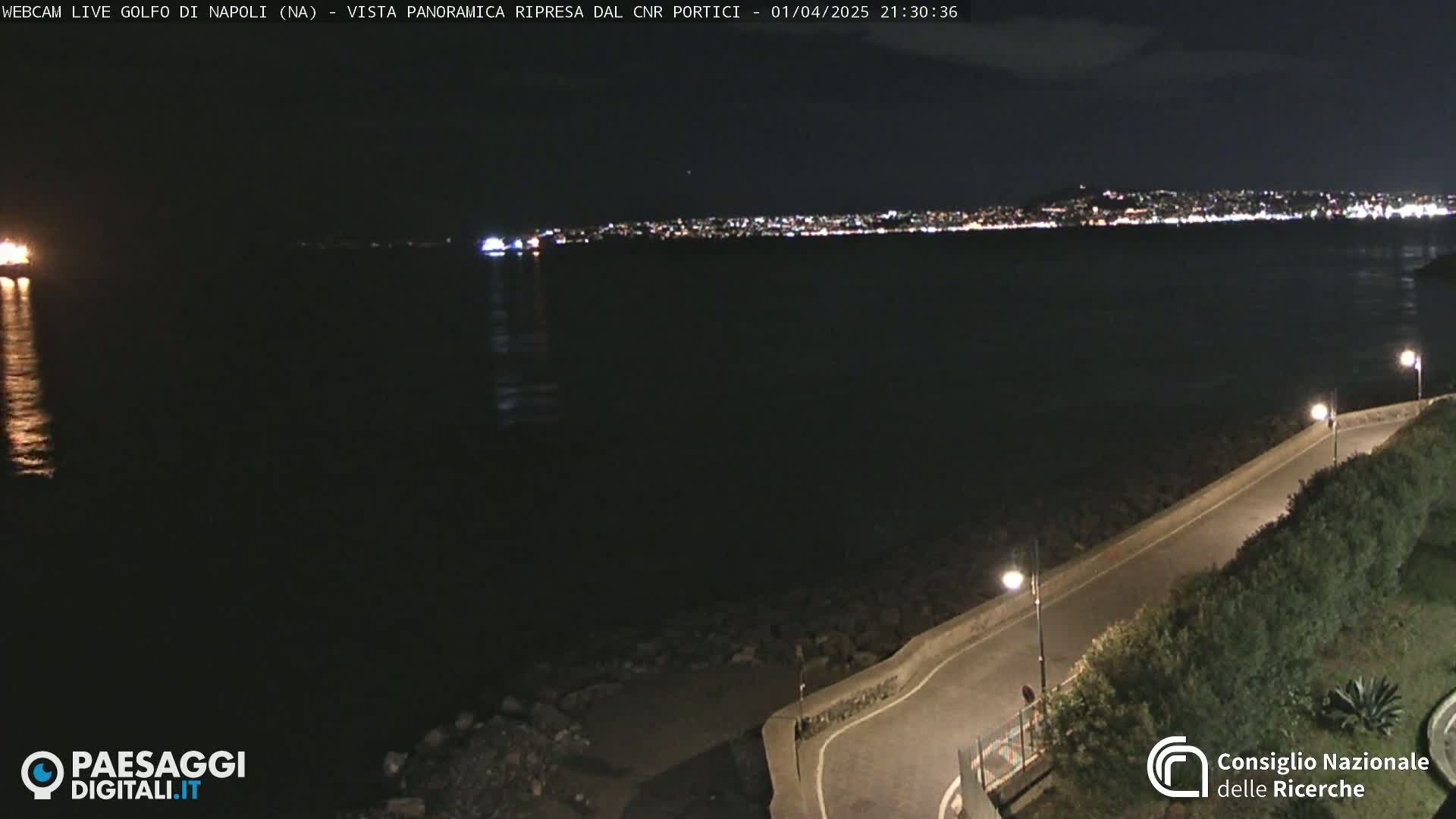 A nighttime view of a dark body of water with a city skyline illuminated in the distance, a curving road with streetlights alongside a rocky shoreline in the foreground.