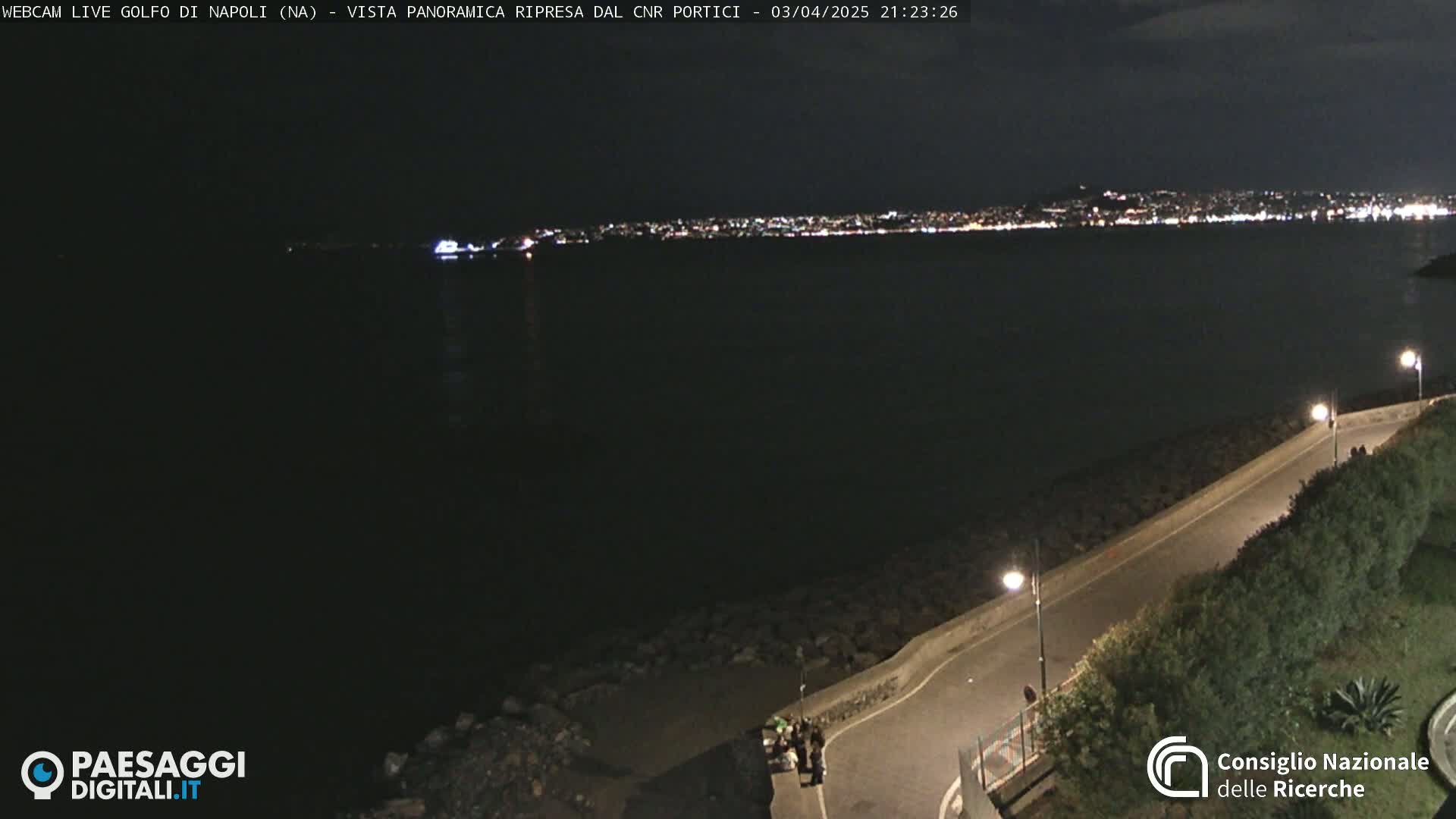 A nighttime, panoramic view shows a dark body of water with a distant, illuminated city skyline, a paved road curving along a rocky shoreline with sparse vegetation and a few people visible.