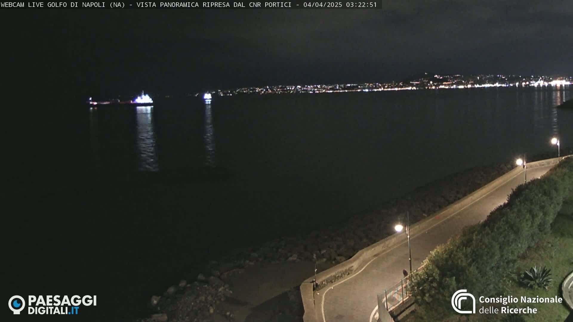 A nighttime view of a dark body of water with a distant city skyline illuminated, a road curving along the water's edge, and a vessel visible on the water.