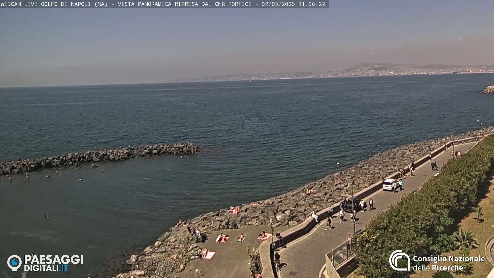 A rocky shoreline with people sunbathing and walking along a paved path, overlooking a calm sea with a distant city skyline under a clear sky.
