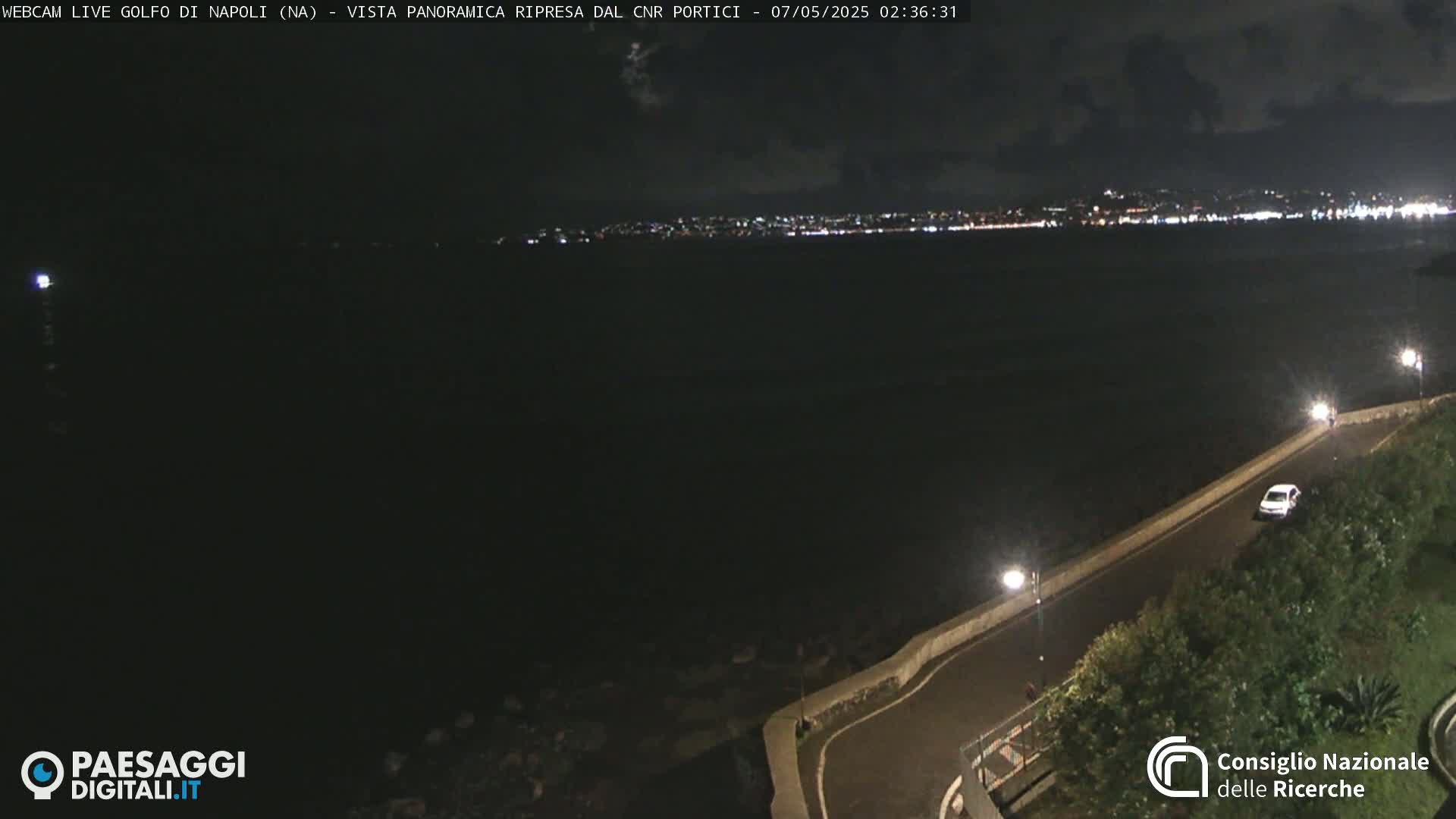 A nighttime view of a dark body of water with a city's lights visible in the distance, a road with a single car and streetlights along a curved seawall in the foreground.