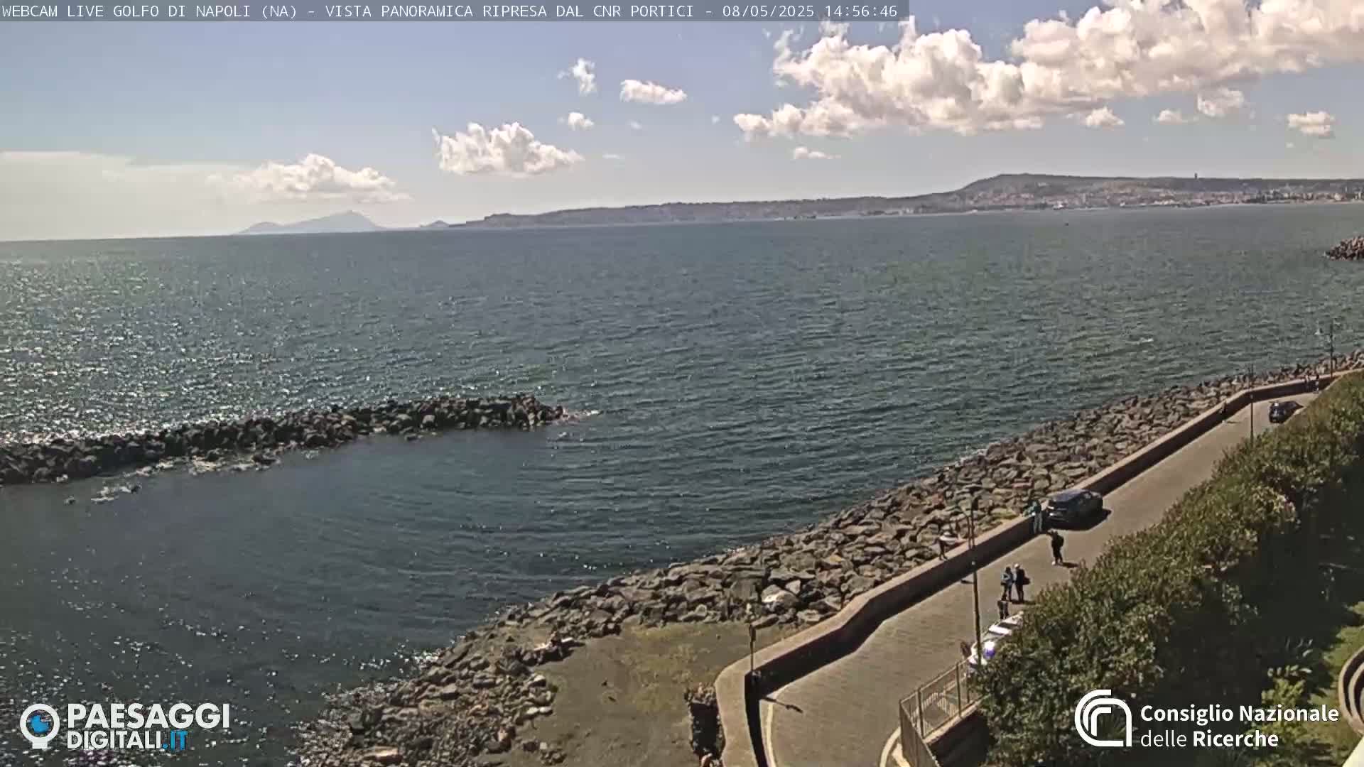 A partly cloudy day shows a rocky shoreline next to a paved walkway with a few people and cars, overlooking a calm body of water and distant land.