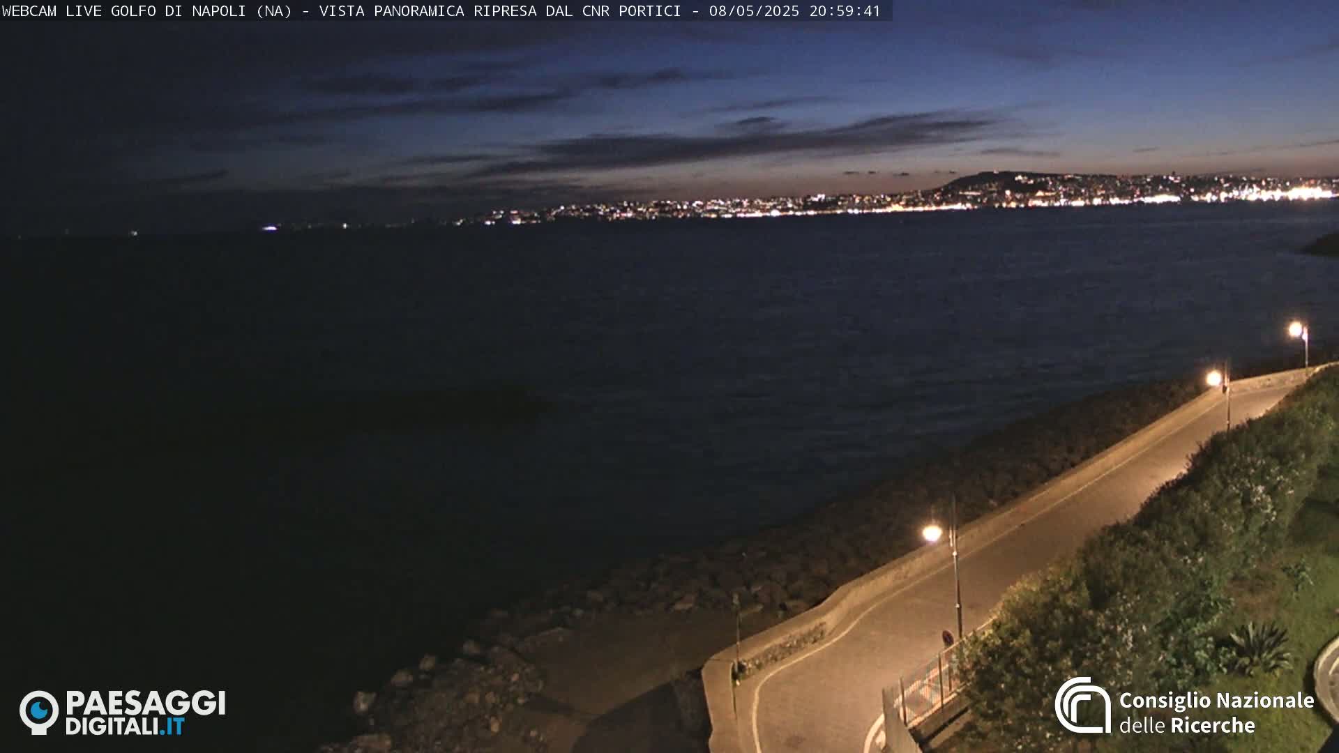 A nighttime, seaside view shows a city skyline across a dark body of water, with a paved road curving along the shoreline, illuminated by streetlights.