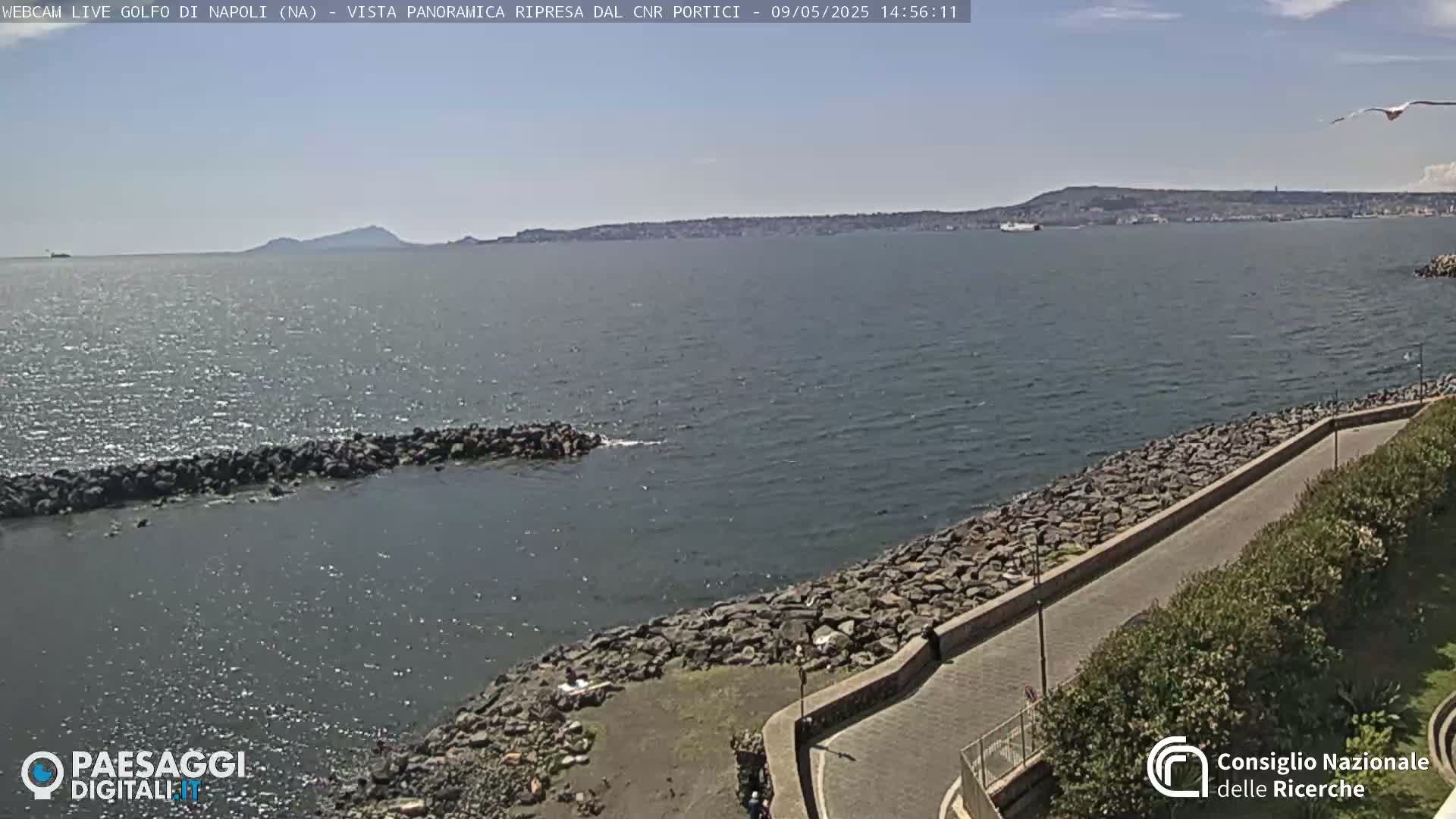 A rocky shoreline curves gently around a calm bay under a clear sky, with a distant mountain range visible across the water.