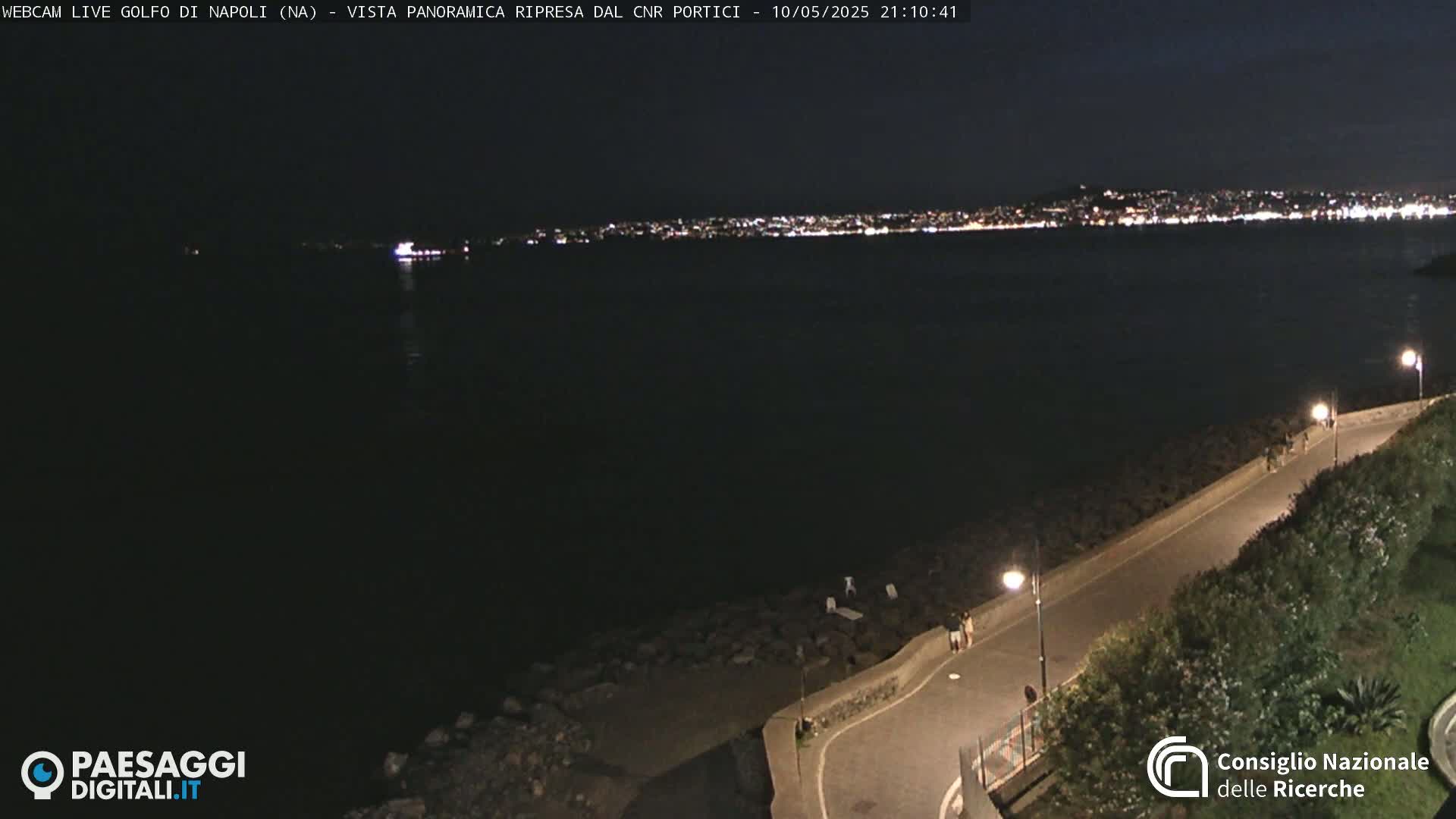 A nighttime, seaside path curves along a rocky shoreline, with a distant, brightly lit city across the dark water.