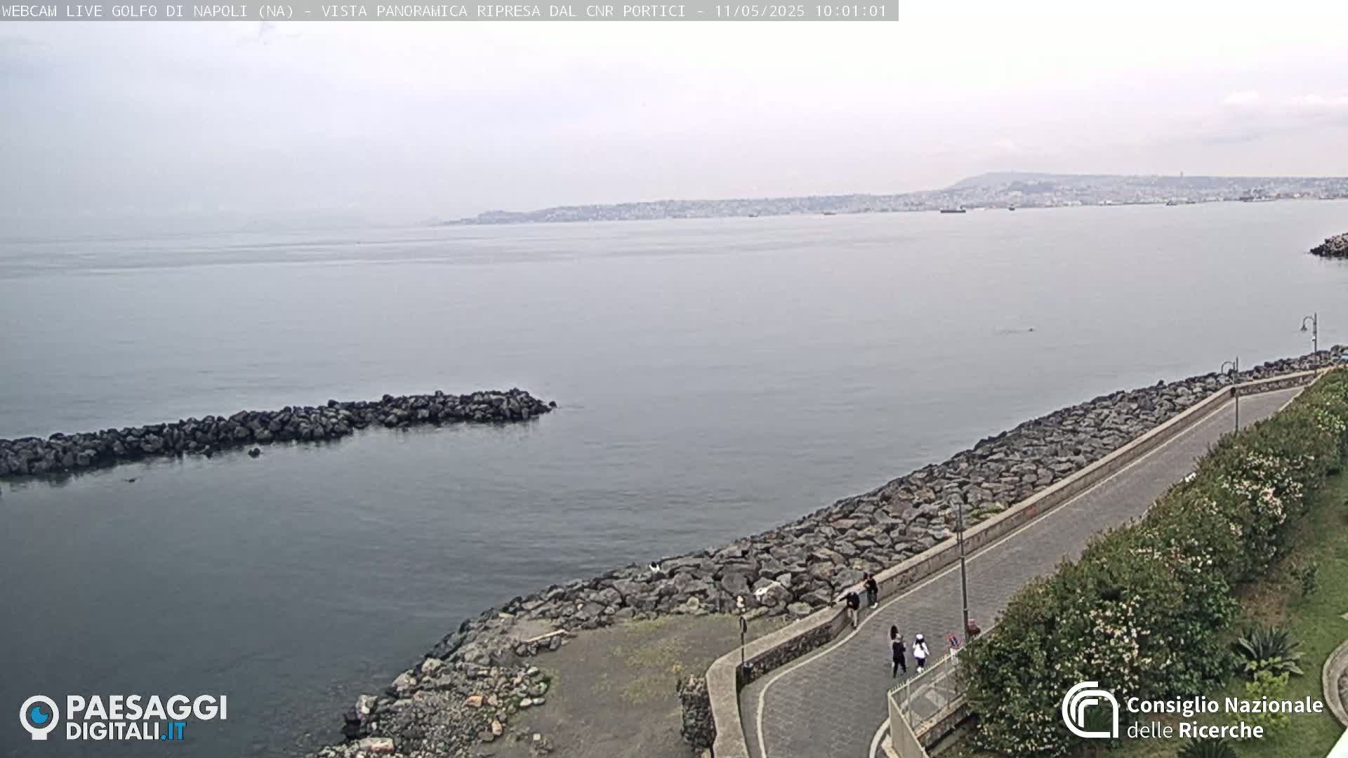 A hazy, overcast day reveals a rocky coastline with a paved walkway, overlooking a calm body of water and a distant cityscape.