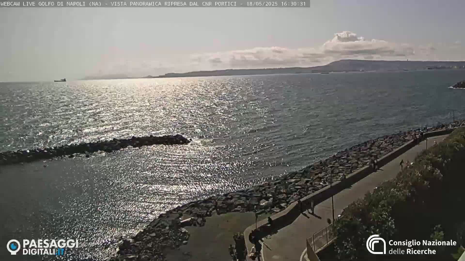 A partly sunny day shows a rocky shoreline with a paved walkway and people walking, overlooking a calm, sunlit body of water that stretches to a distant landmass.