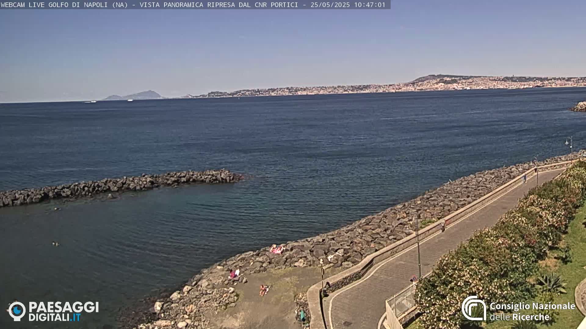 A rocky shoreline with a paved walkway, people sunbathing, and a calm sea extending to a distant cityscape under a clear blue sky.