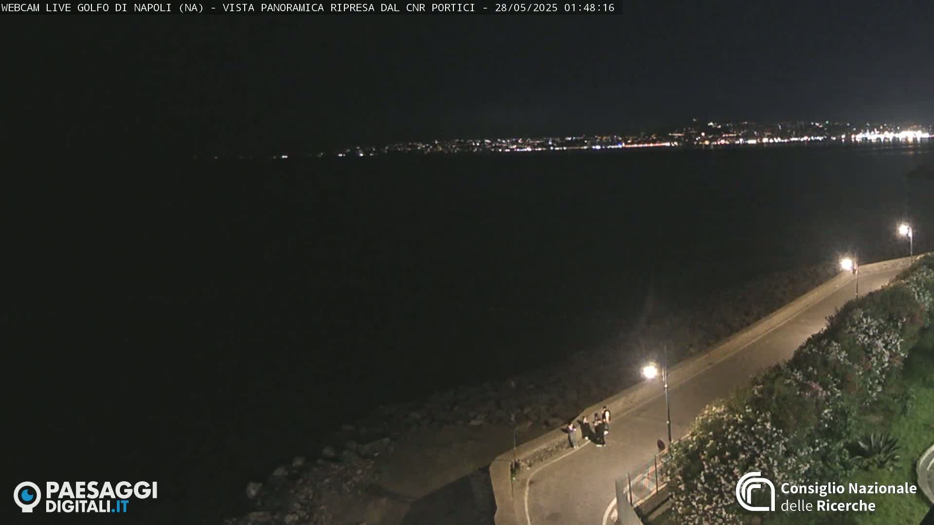 A nighttime, panoramic view of a dark body of water with a city's lights visible in the distance, a paved road next to the water's edge with several people standing near a lamppost.