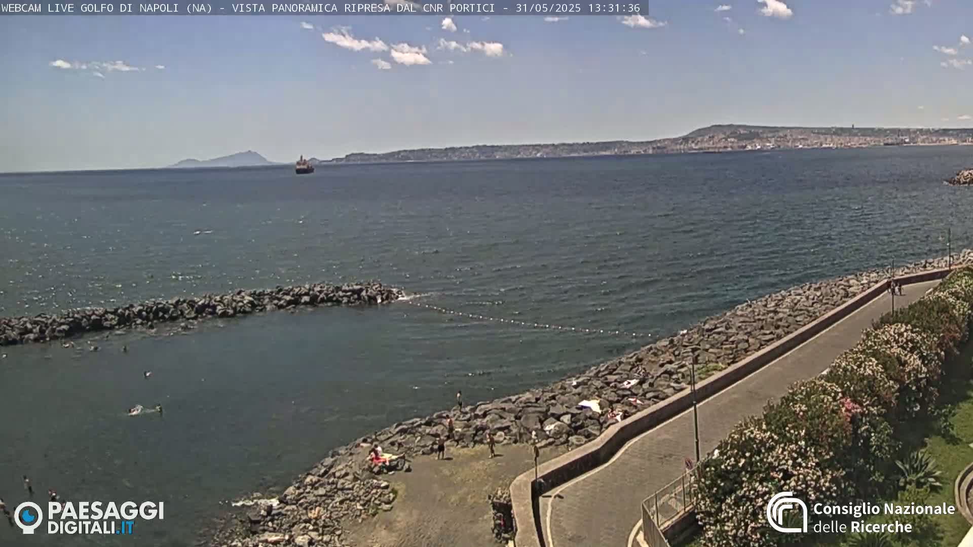 A rocky shoreline with a paved walkway and people on a partly sunny day overlooks a calm bay with a distant coastline and a large ship.