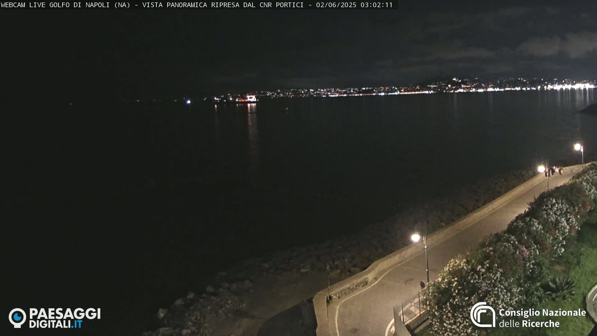 A nighttime view of a dark body of water reflecting the lights of a city in the distance, with a paved pathway and vegetation along the shore.