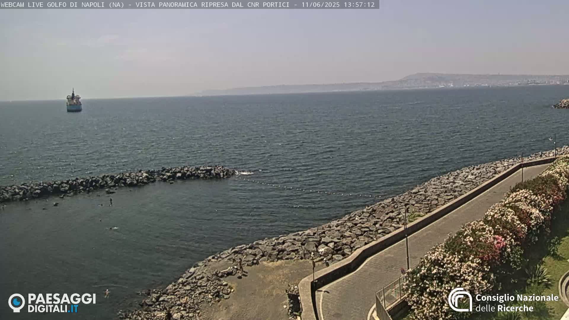 A rocky shoreline with a paved walkway lined with flowering bushes overlooks a calm sea with a distant ship and hazy mountains under a mostly clear sky.
