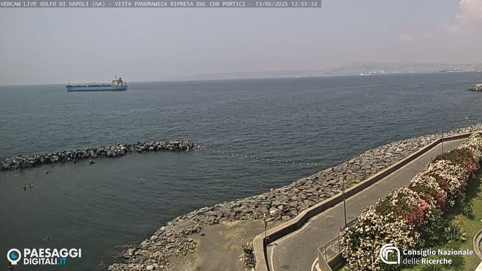 A hazy, sunny day shows a cargo ship on a calm sea, near a rocky shoreline with a paved path and flowering bushes.